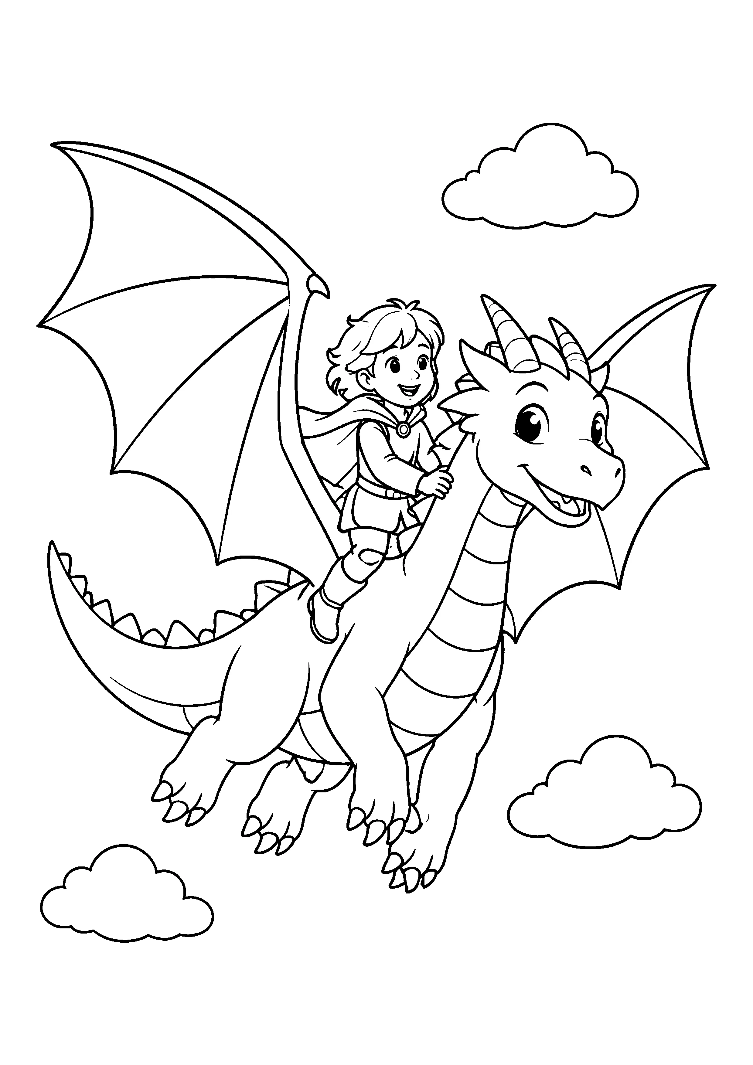 Dragon with rider flying coloring page, printable line art
