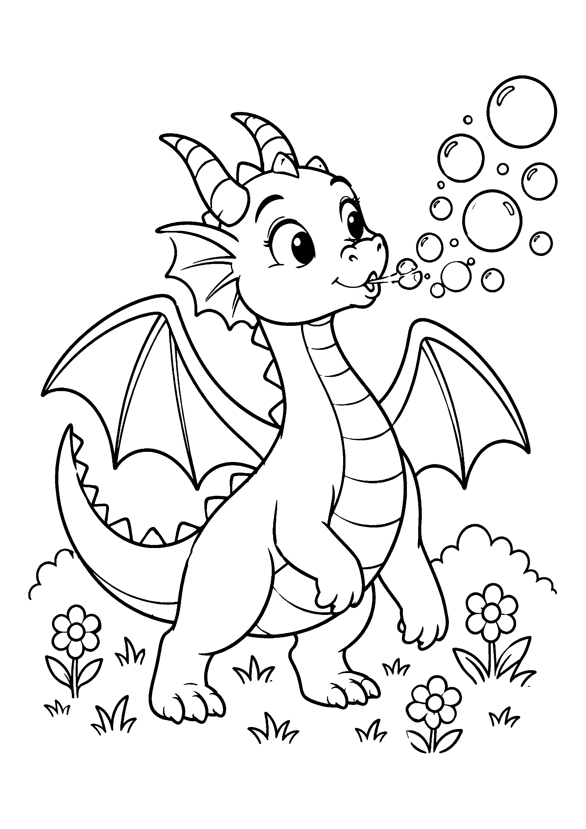 Dragon blowing bubbles coloring page, printable line art