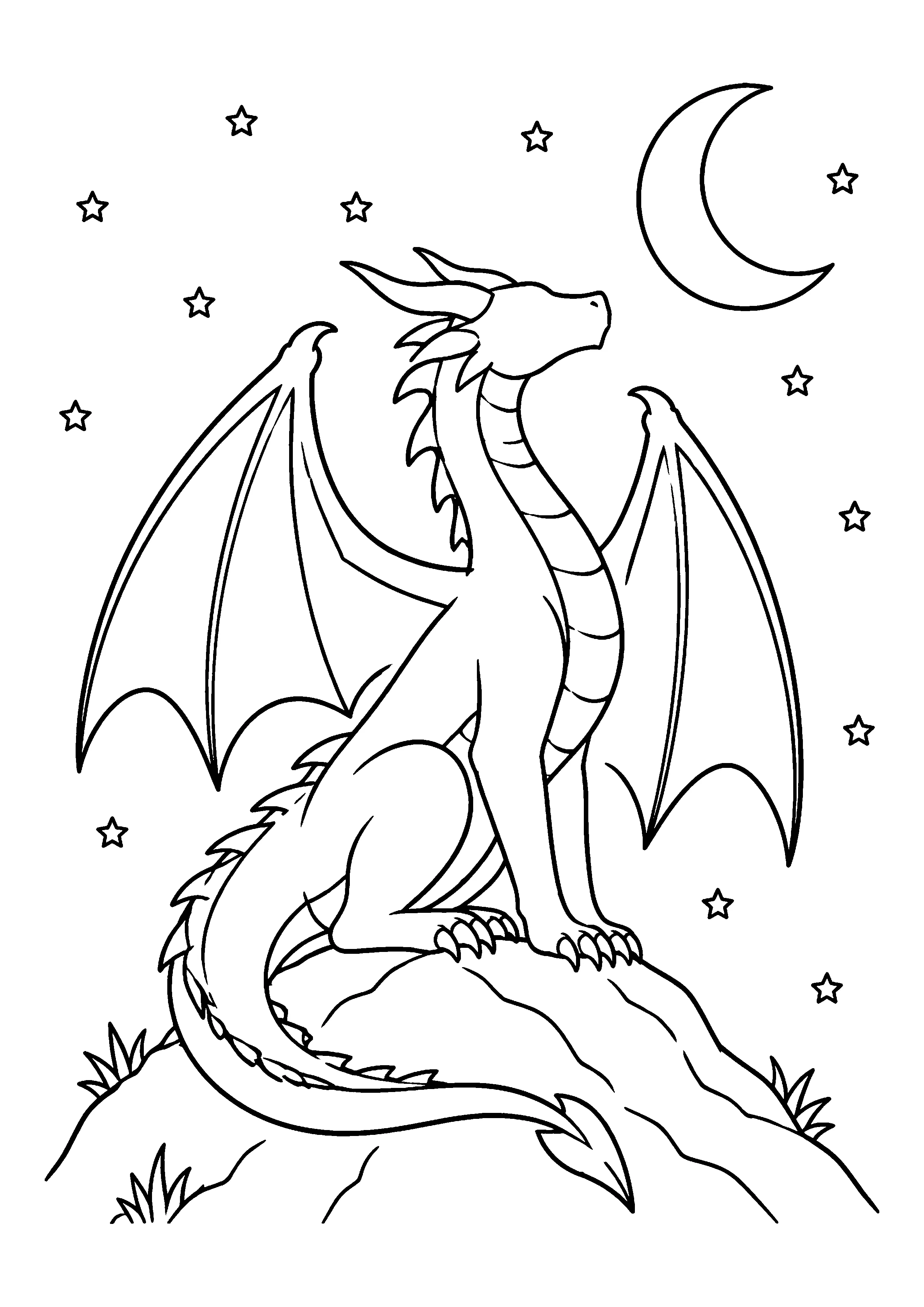 Dragon under crescent moon coloring page, printable line art