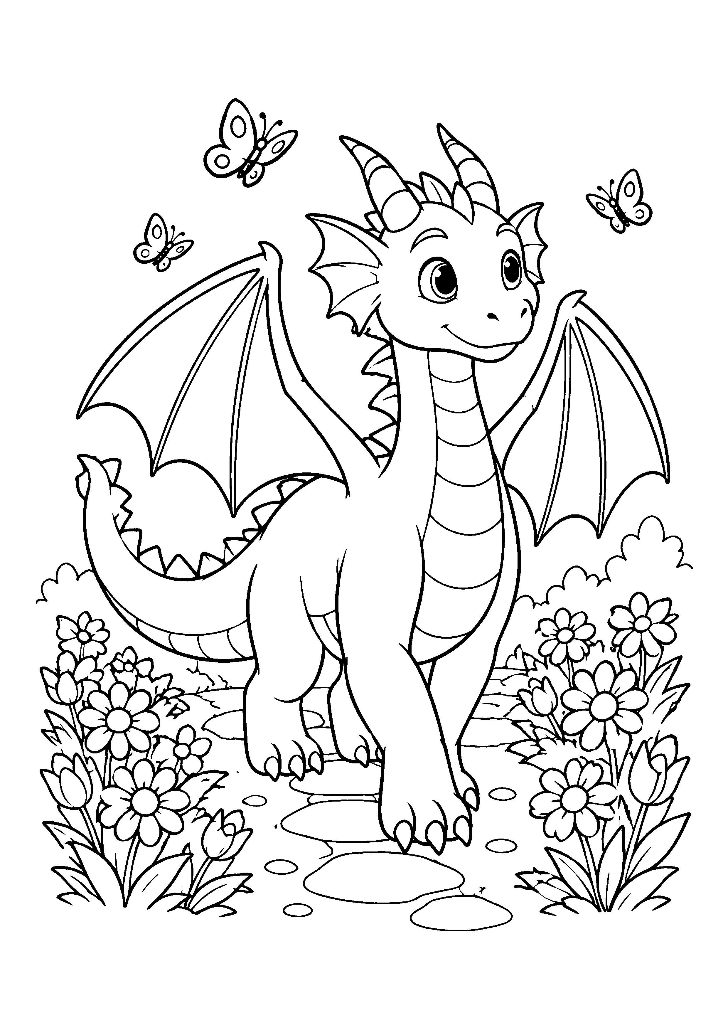 Dragon on garden path coloring page, printable line art