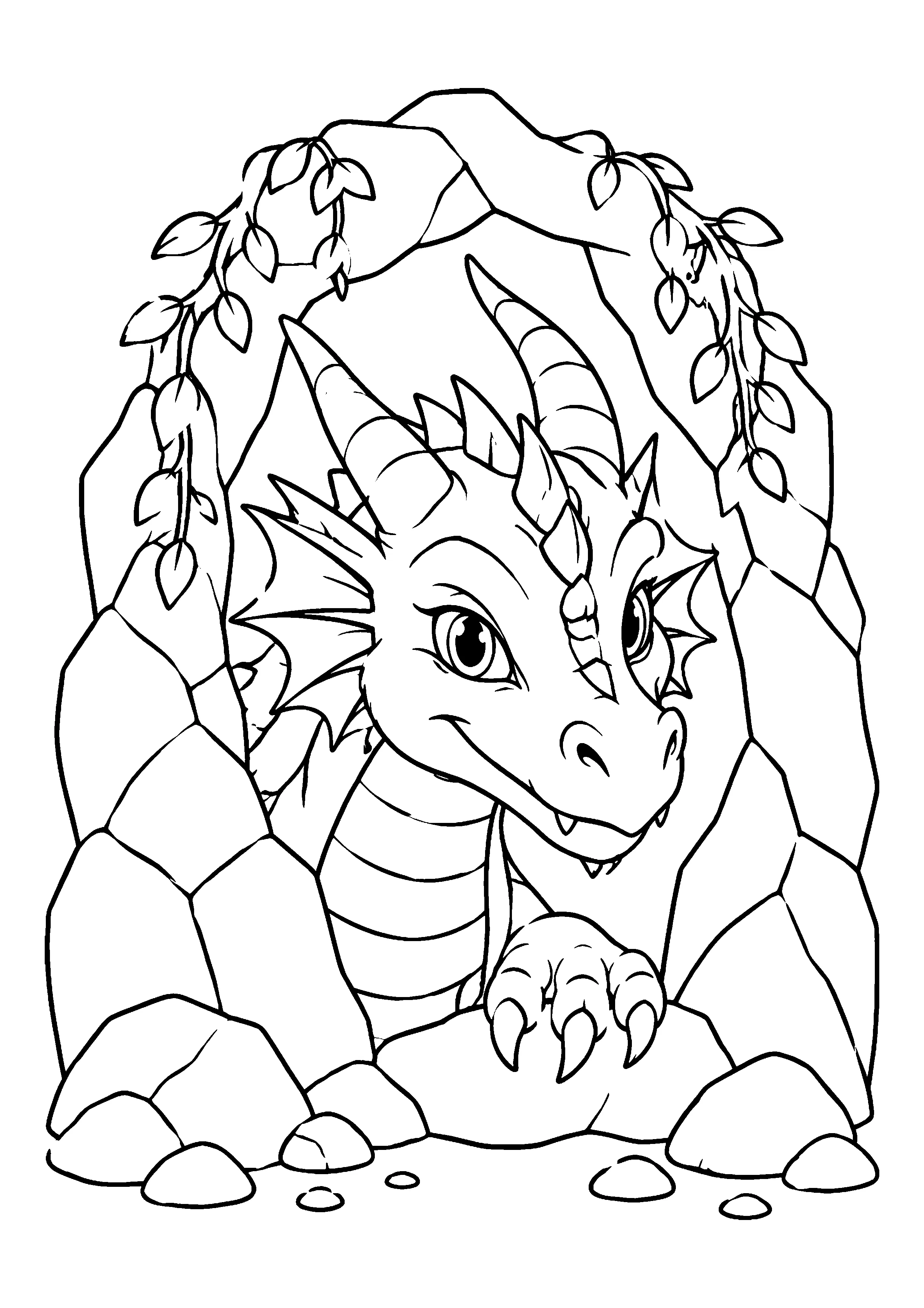 Dragon peeking from cave coloring page, printable line art