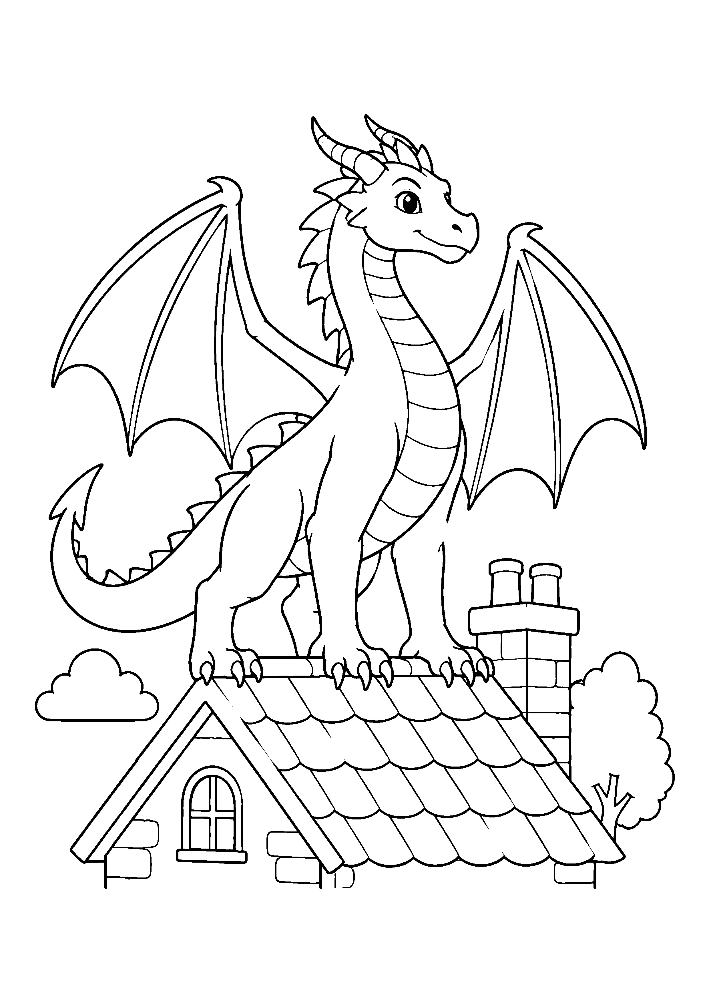 Dragon on a rooftop coloring page, printable line art