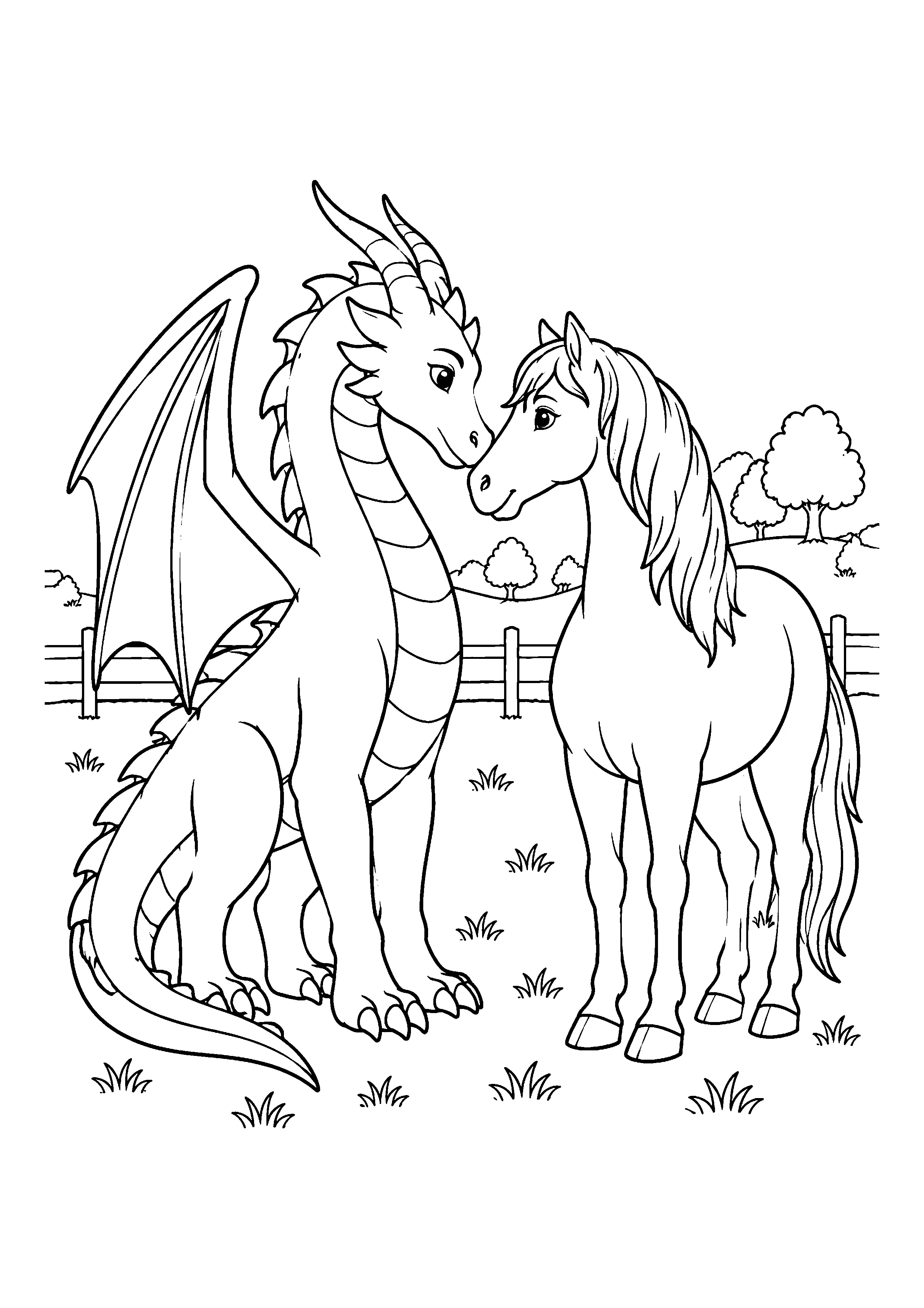 Dragon greeting a horse coloring page, printable line art