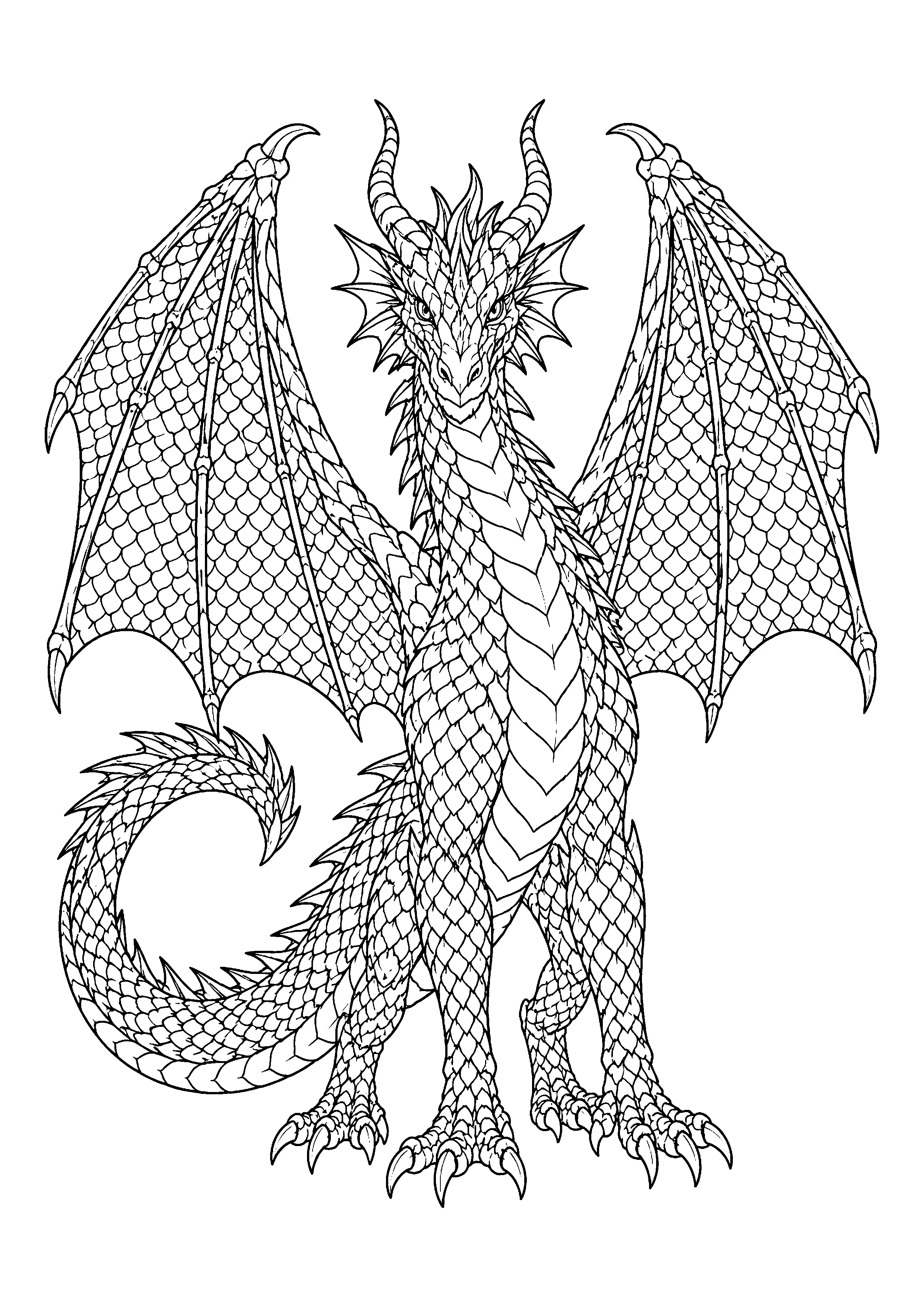 Dragon with spread wings coloring page, printable line art