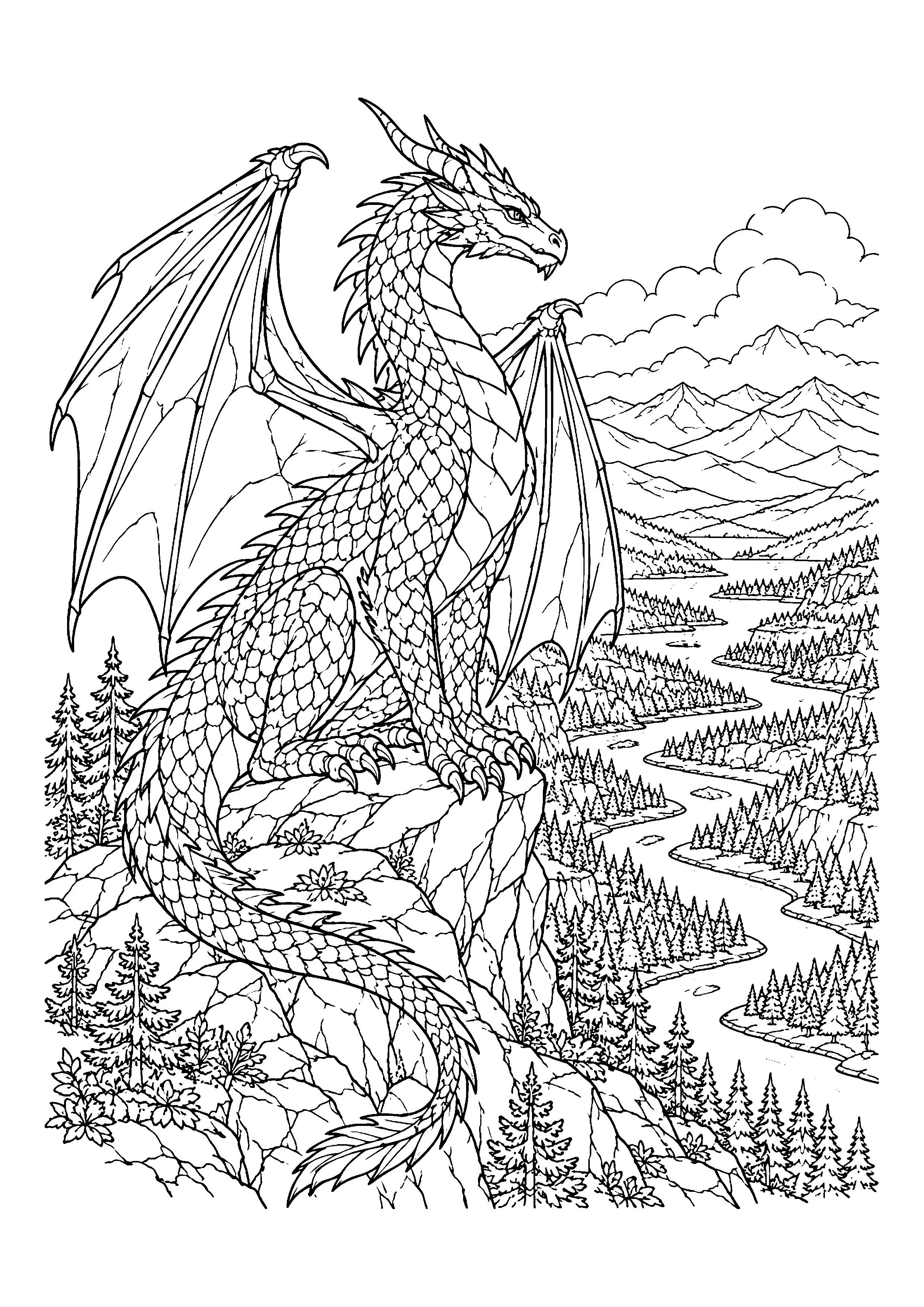 Dragon on mountain peak coloring page, printable line art