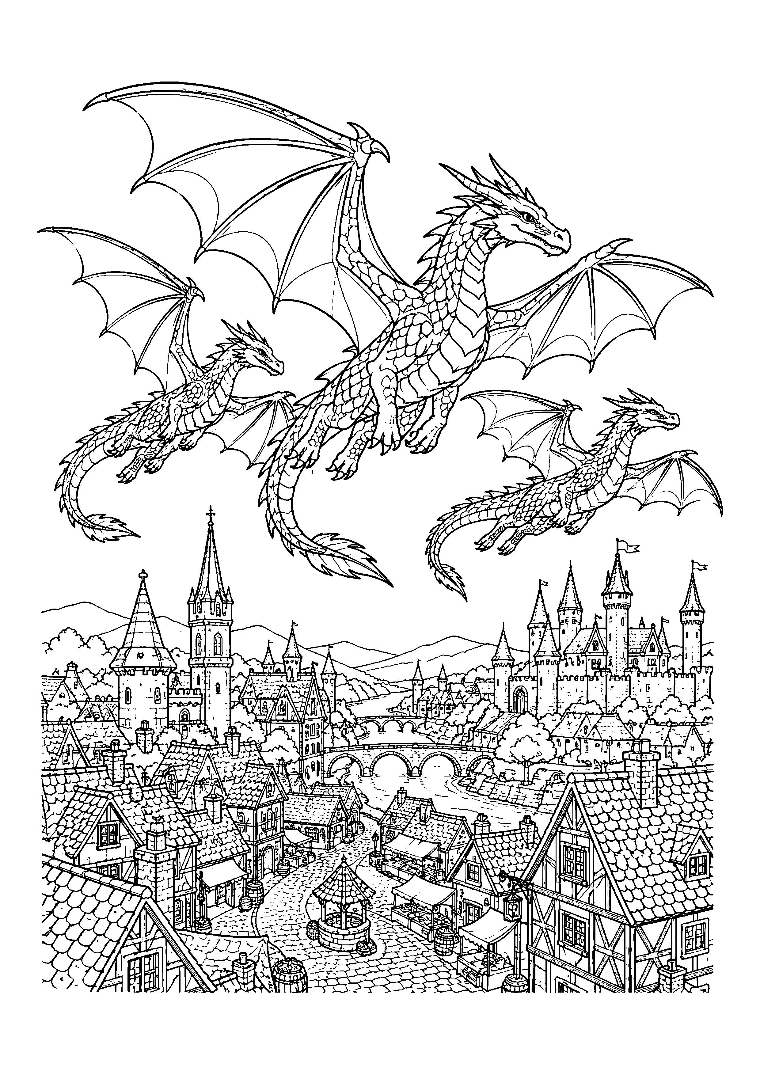 Dragons above medieval town coloring page, printable line art