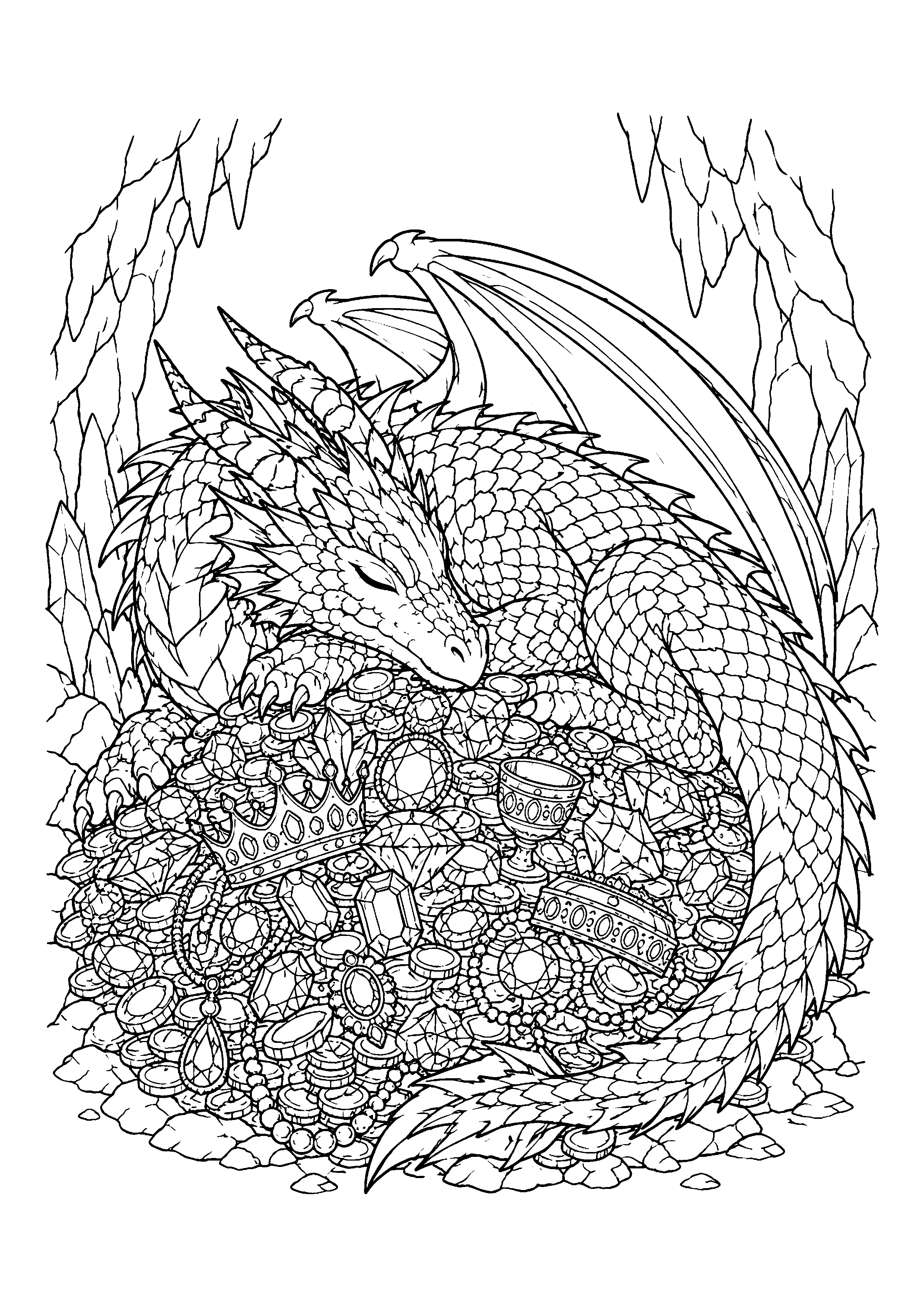 Dragon asleep on treasure coloring page, printable line art