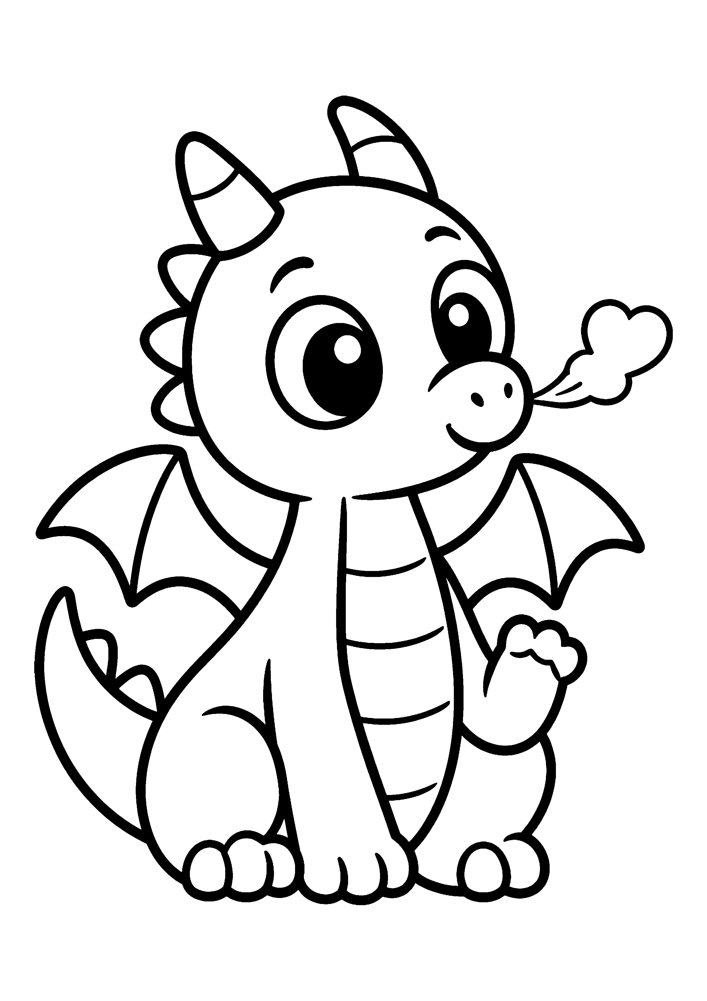 Dragon blowing heart shaped smoke coloring page, printable line art