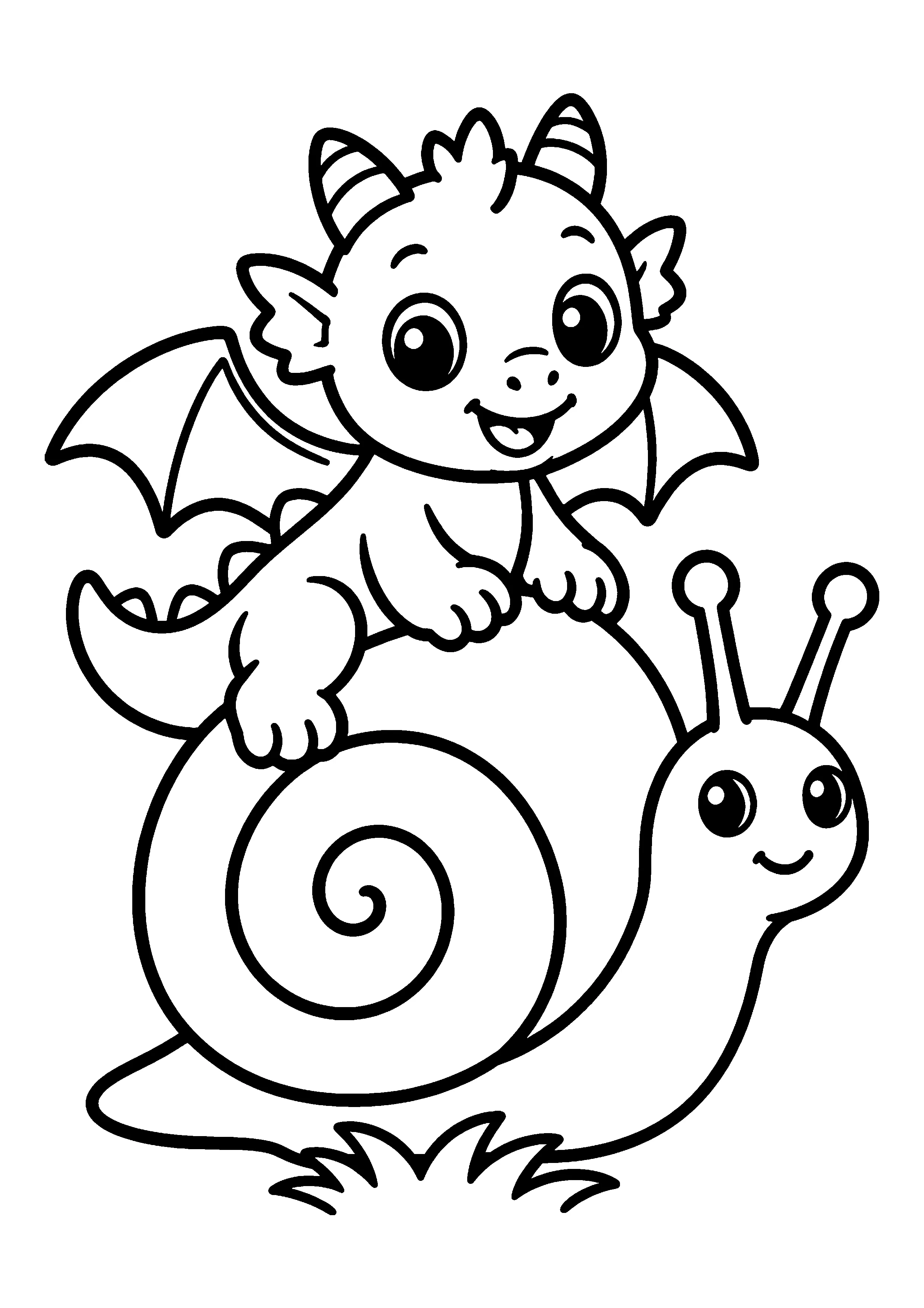 Baby dragon riding a snail coloring page, printable line art