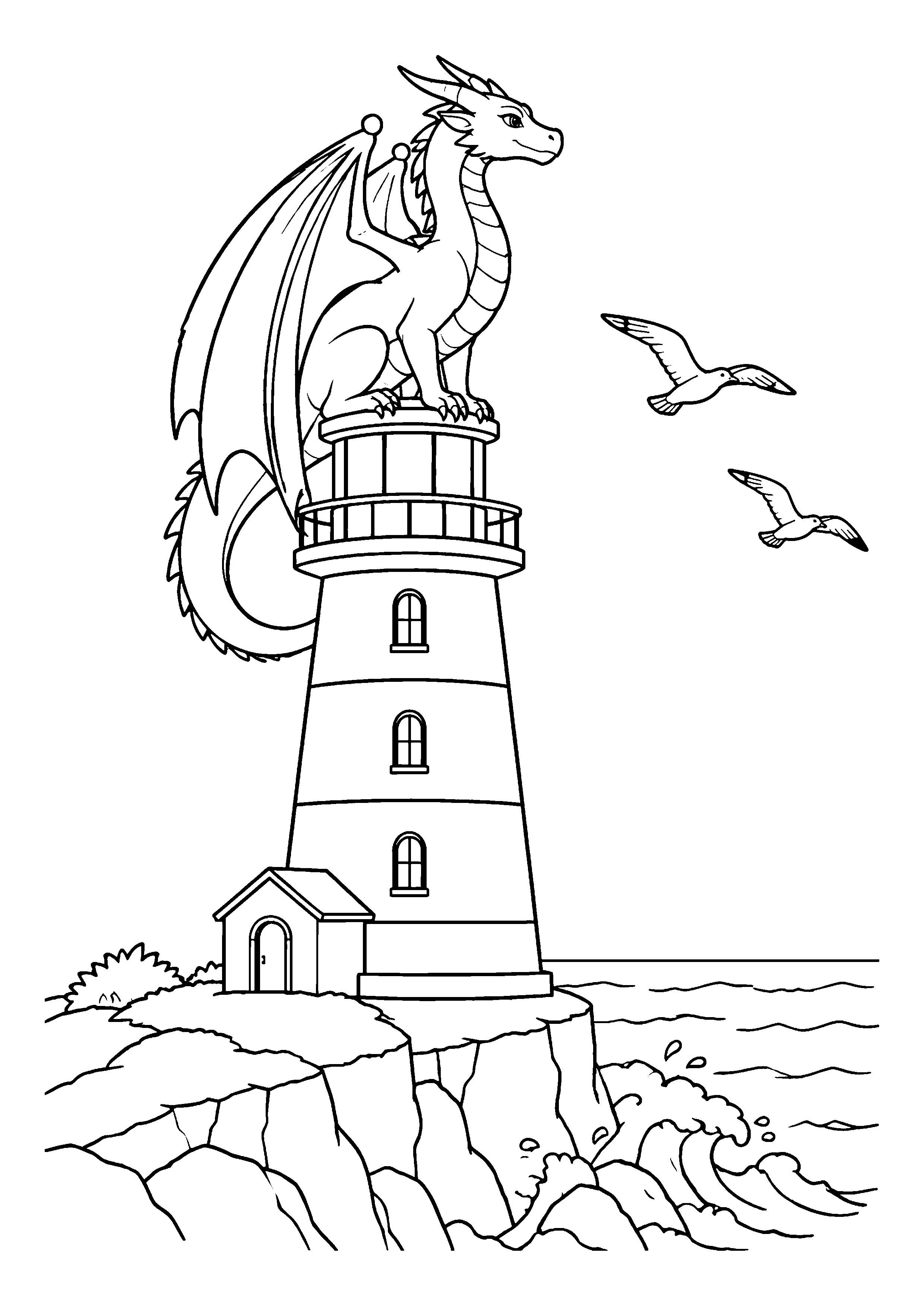 Dragon perched on lighthouse coloring page, printable line art