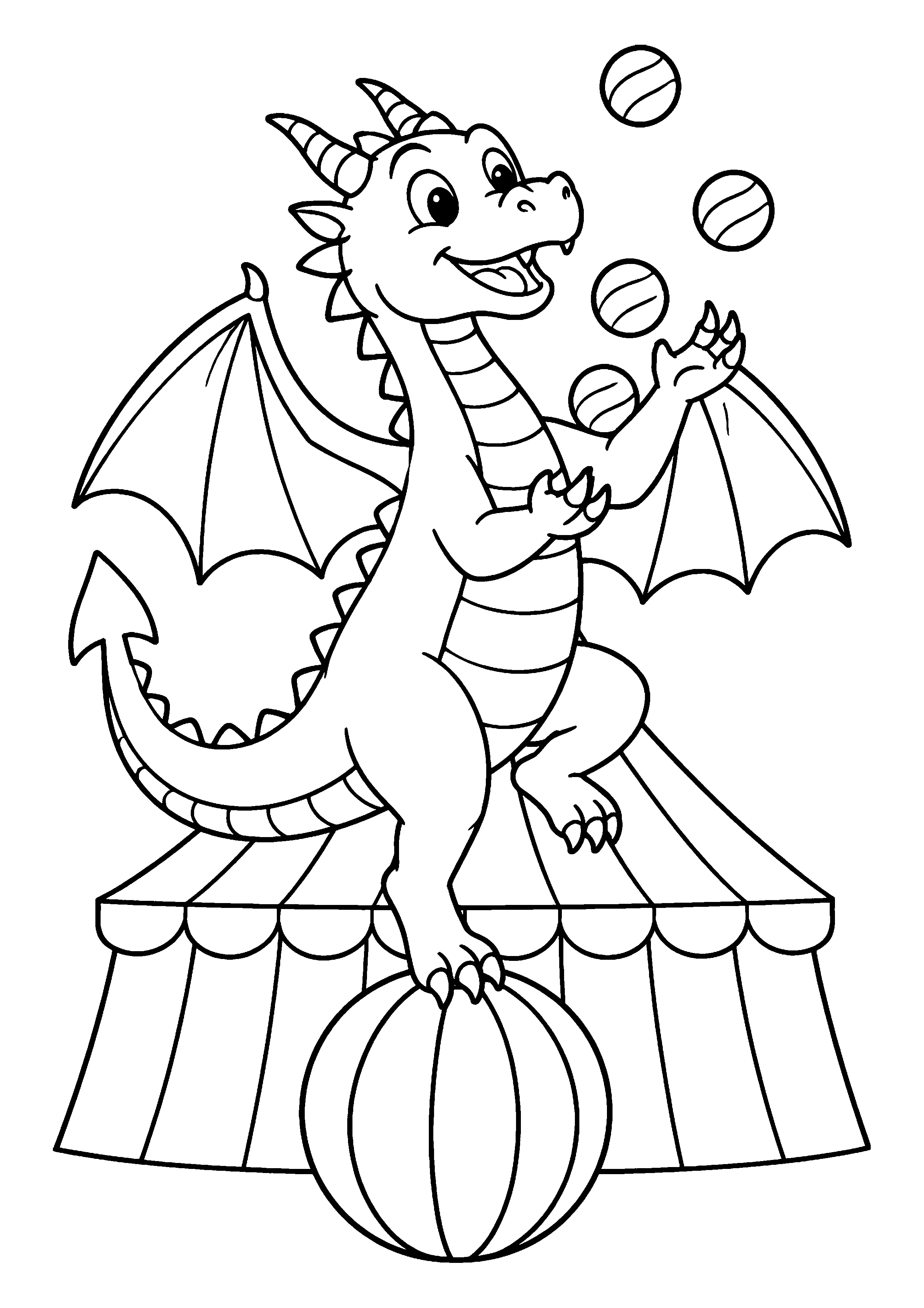 Dragon juggling on circus ball coloring page, printable line art