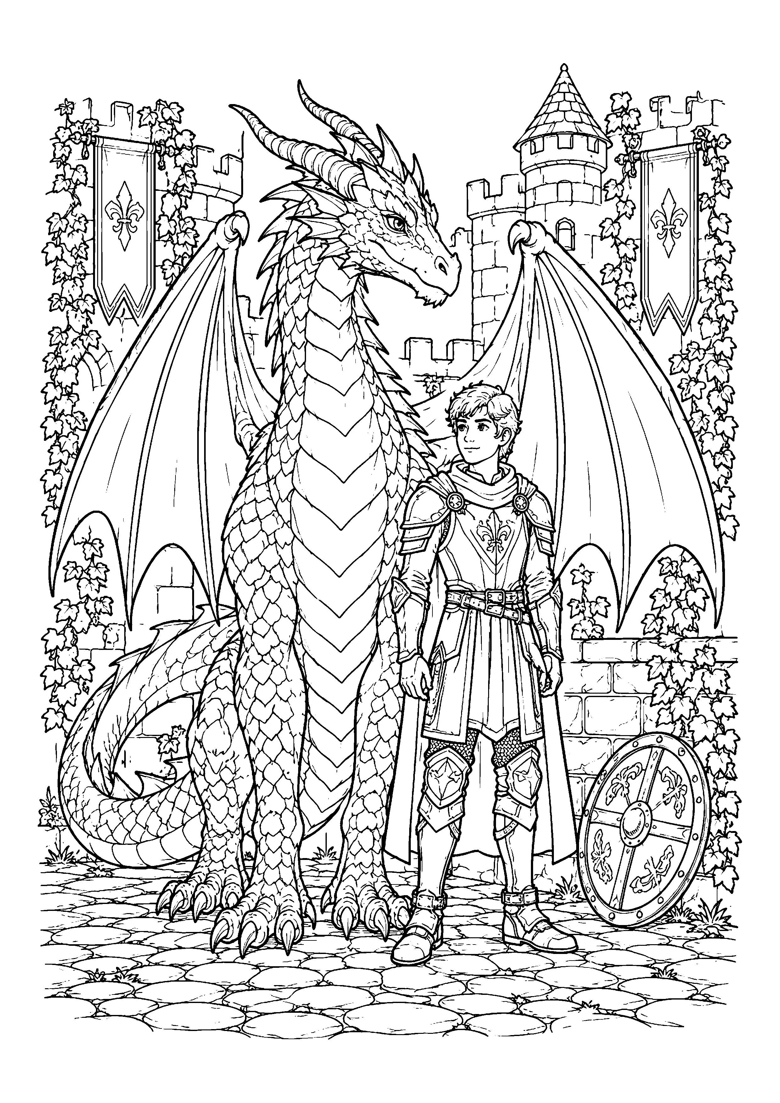 Dragon and young knight coloring page, printable line art