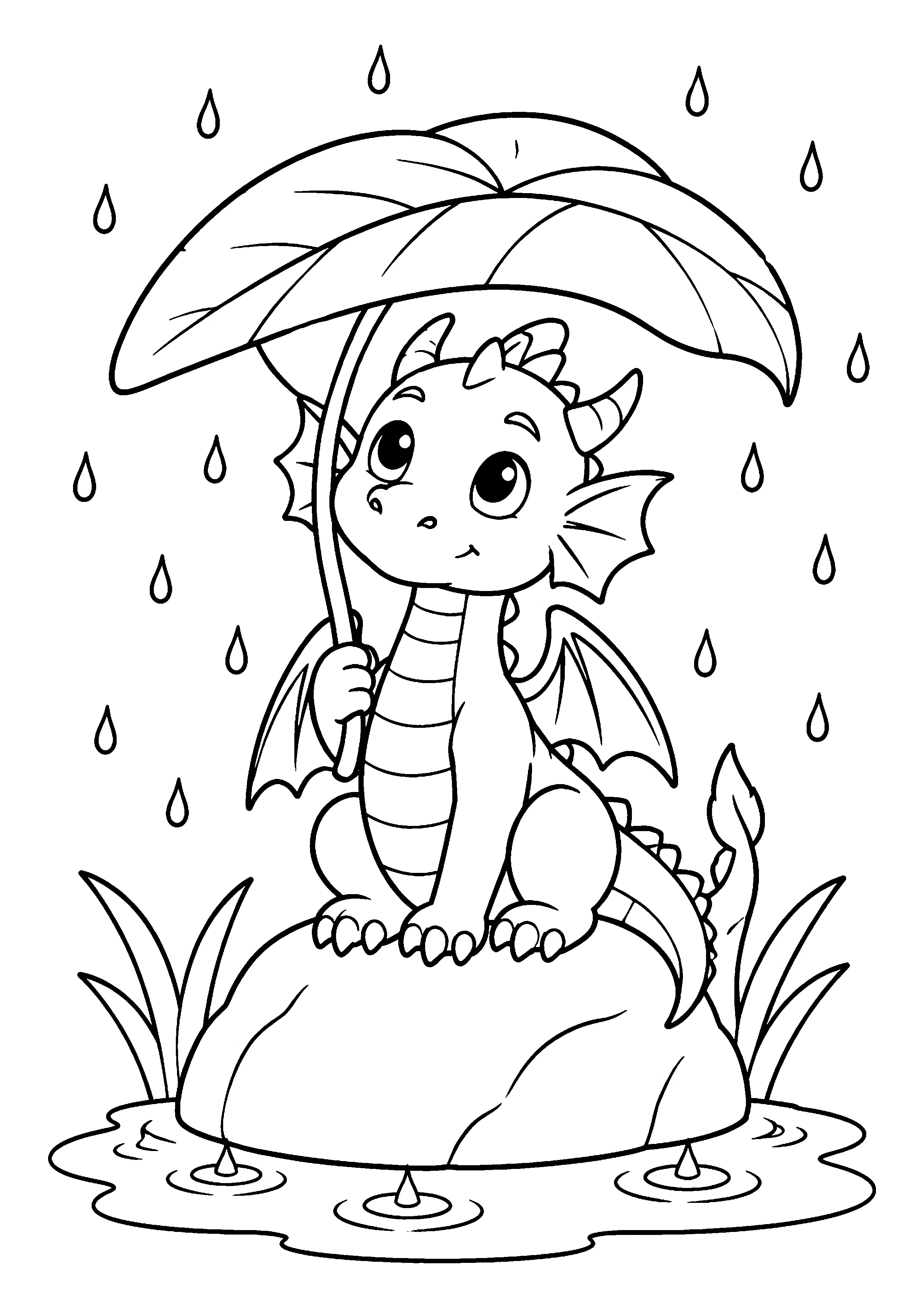 Dragon under leaf umbrella coloring page, printable line art