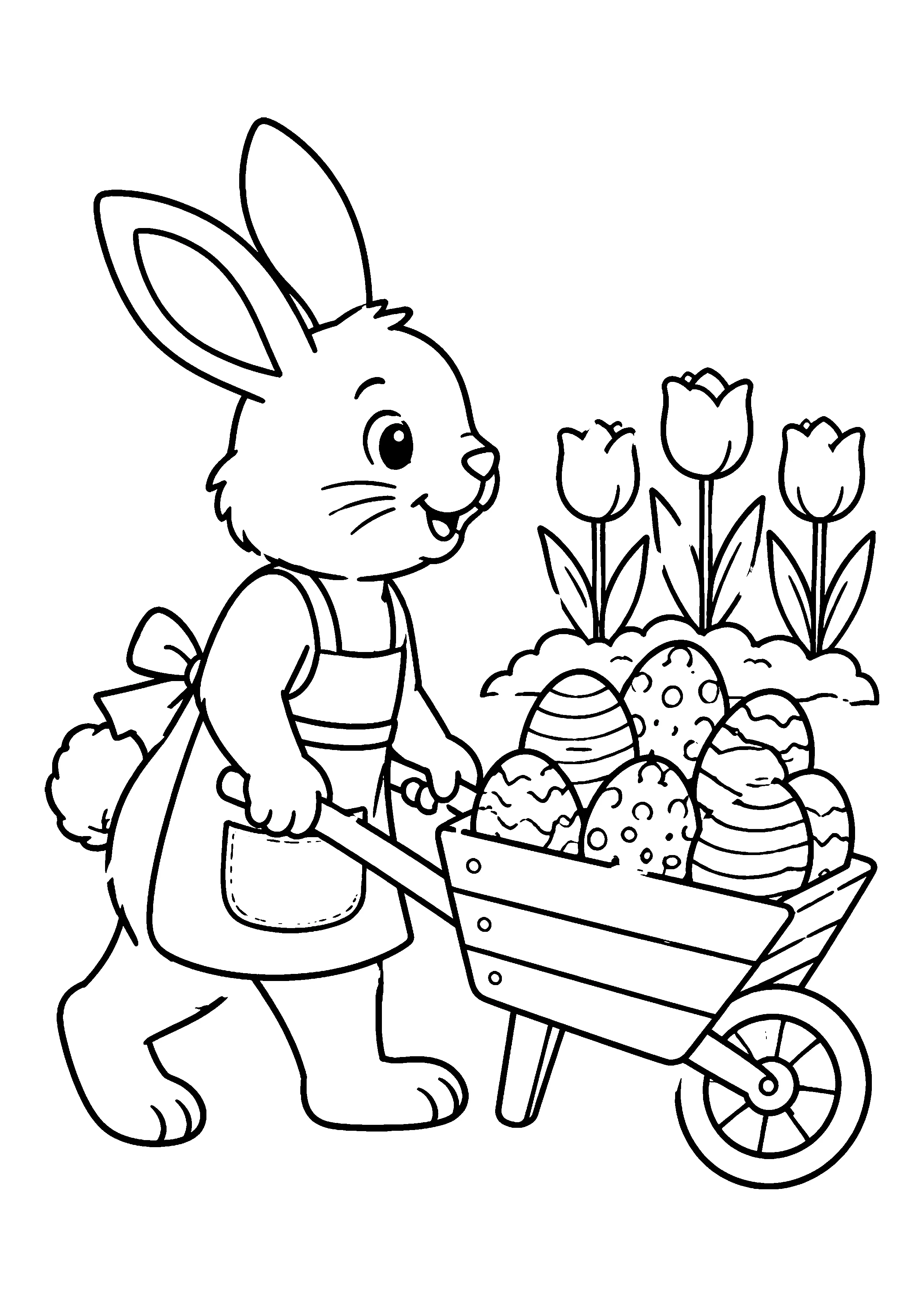 Bunny with egg wheelbarrow coloring page, printable line art