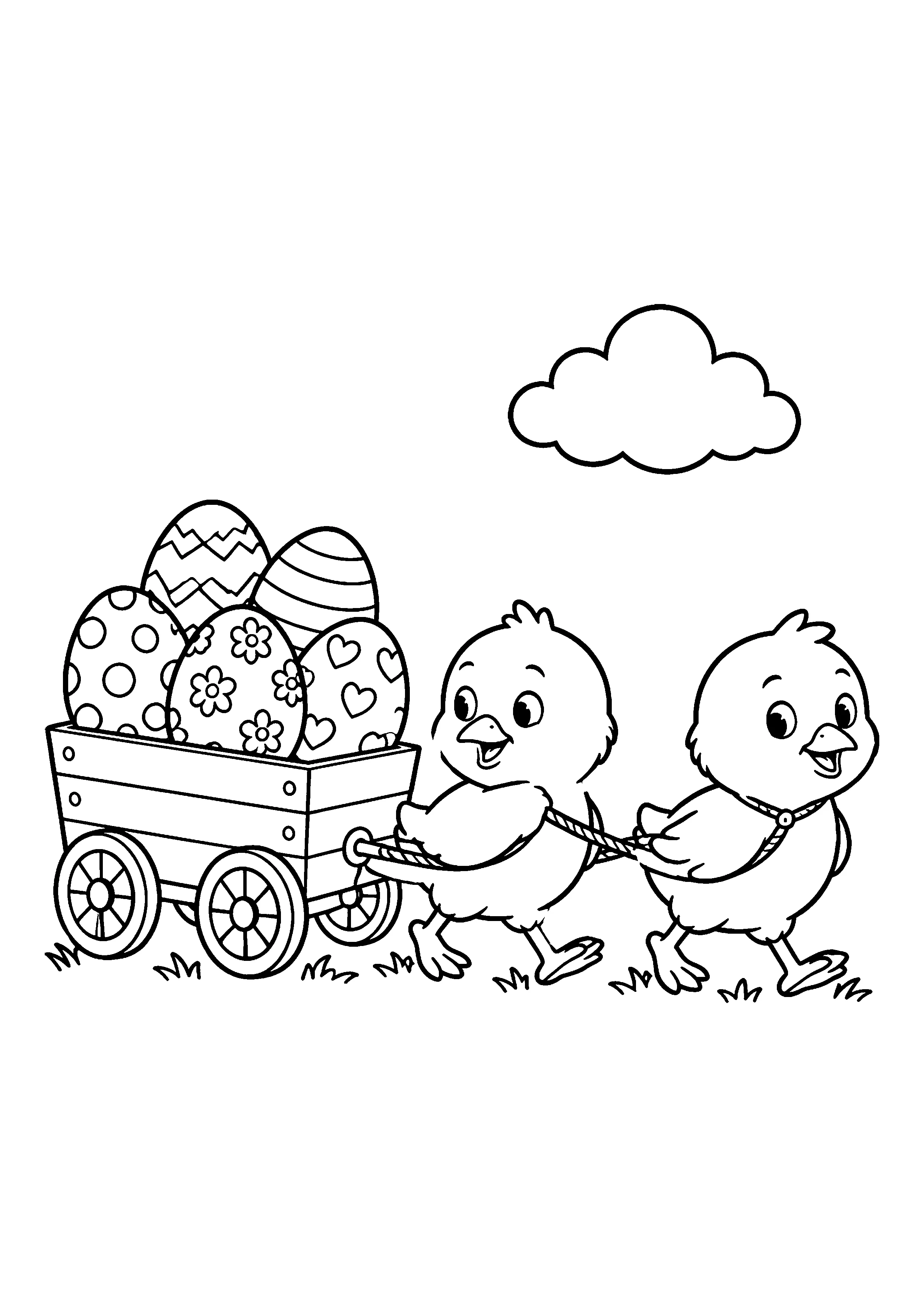 Two chicks pulling wagon with eggs coloring page, printable line art