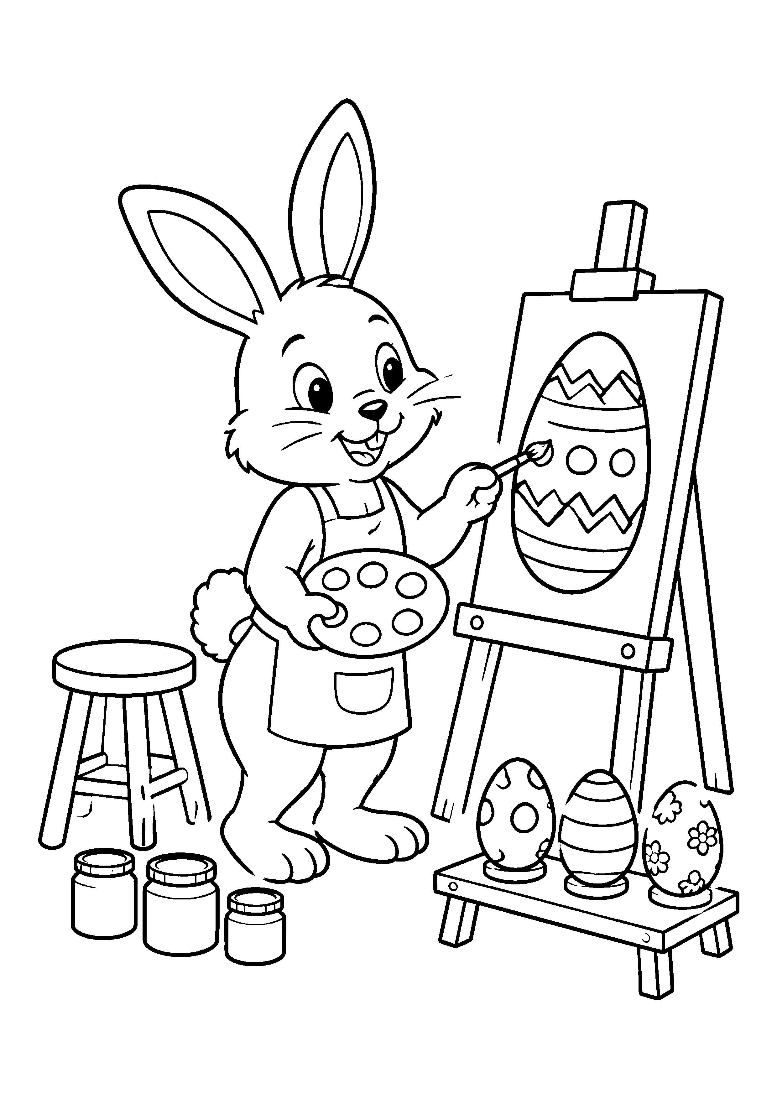 Bunny painting an egg at easel coloring page, printable line art
