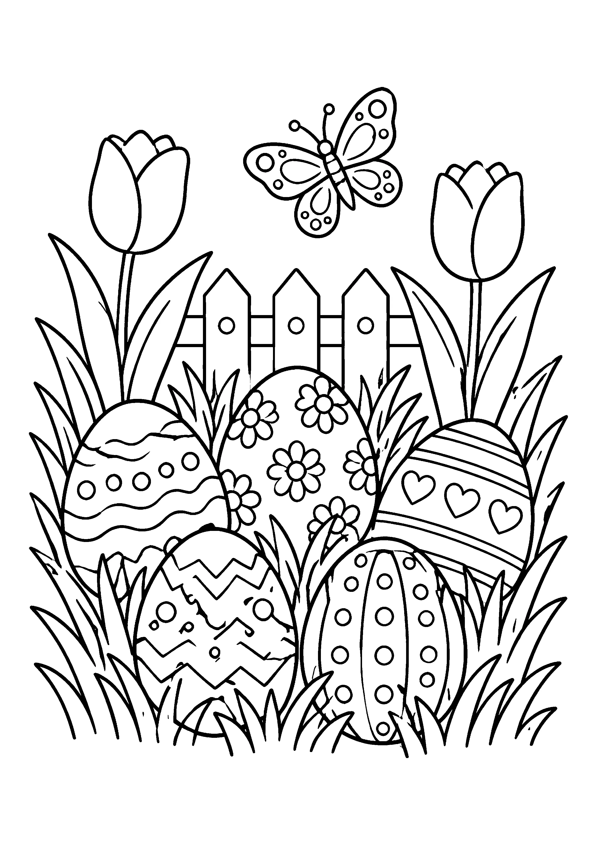 Egg hunt with tulips and butterfly coloring page, printable line art