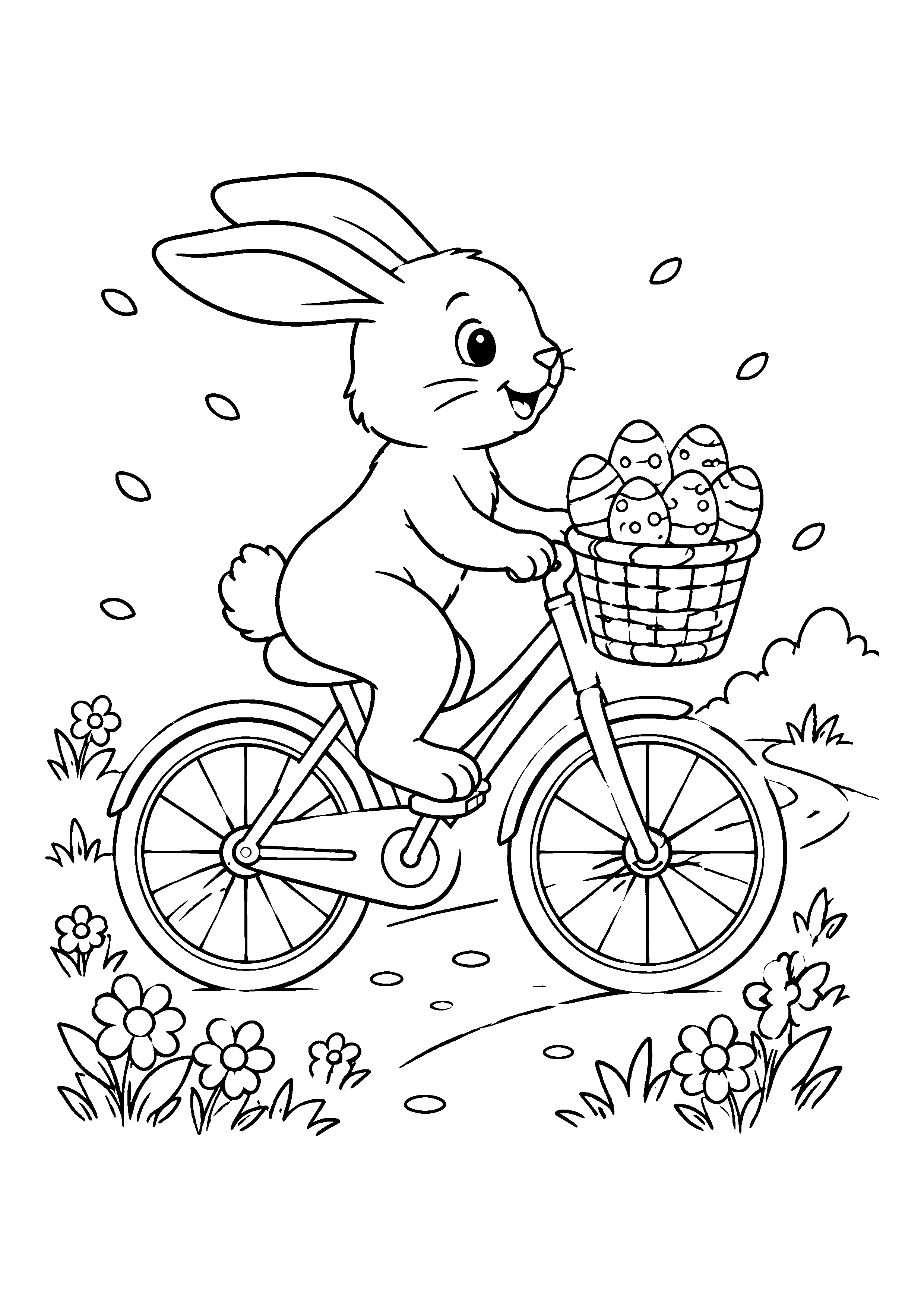 Bunny cycling with eggs coloring page, printable line art