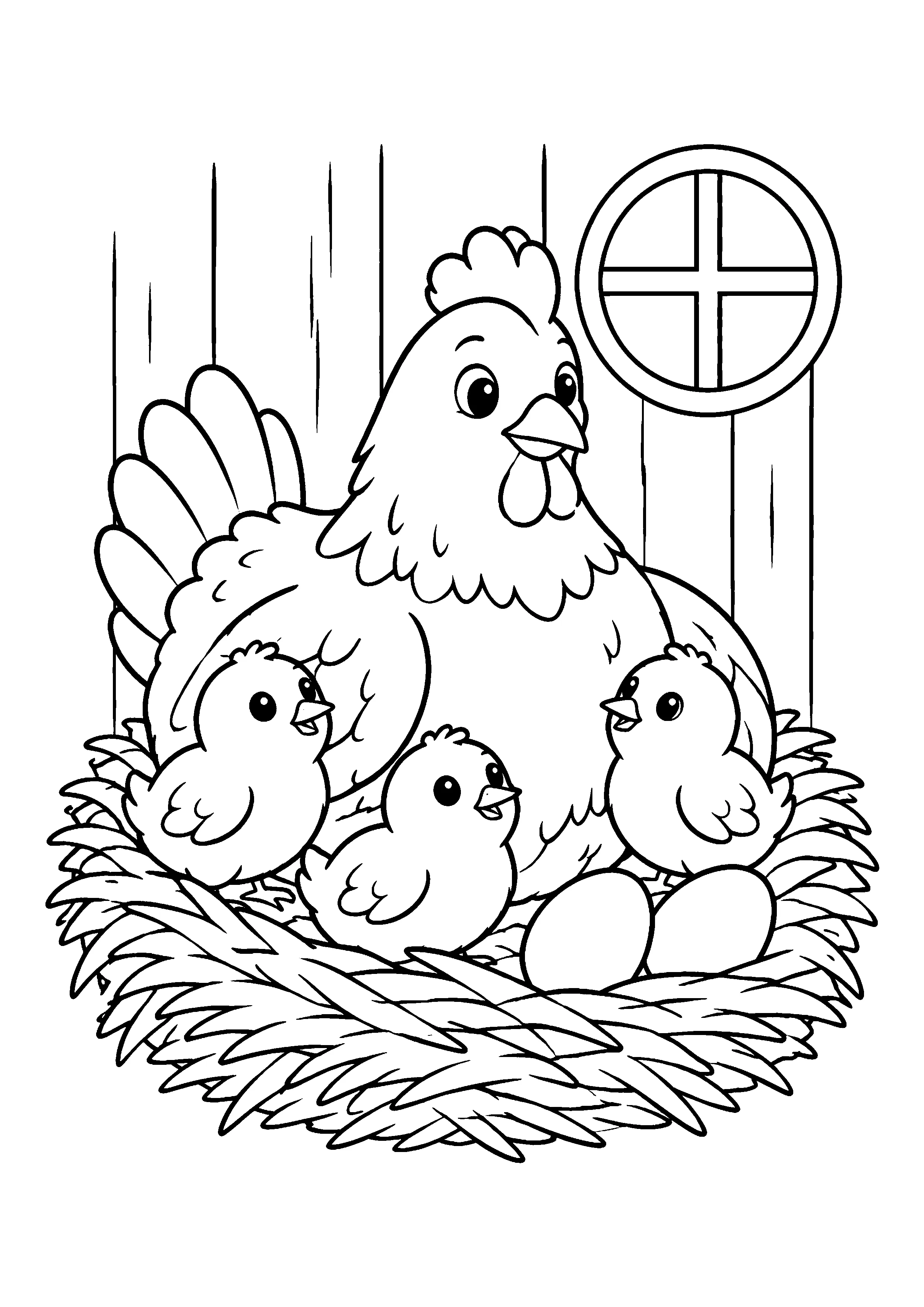 Hen with chicks in nest coloring page, printable line art