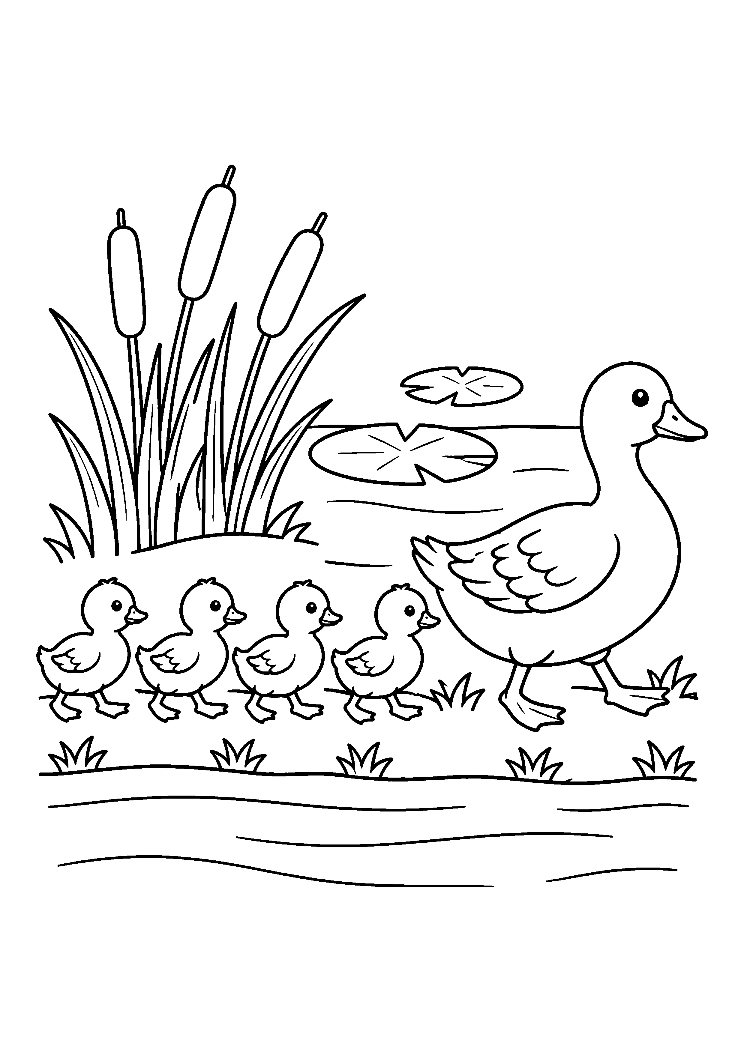 Mother duck with ducklings coloring page, printable line art