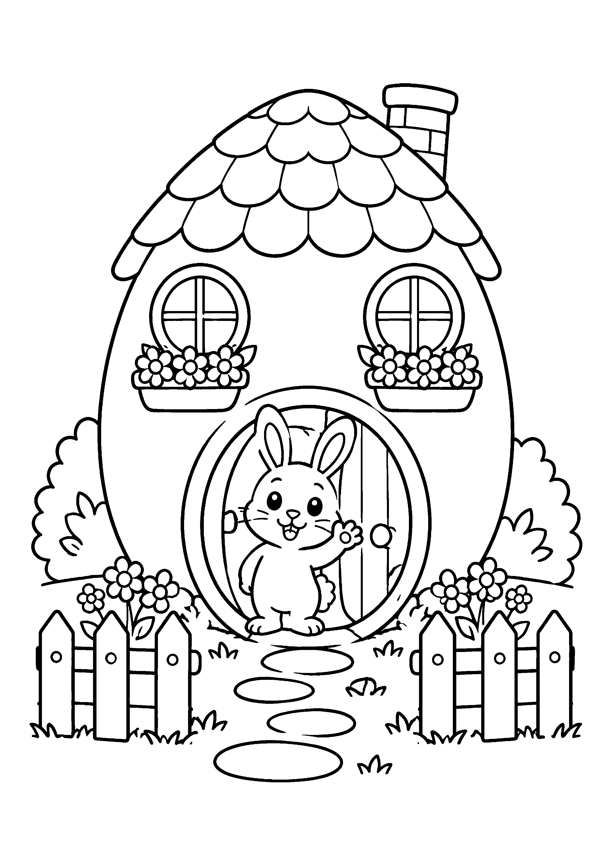 Bunny in egg cottage coloring page, printable line art