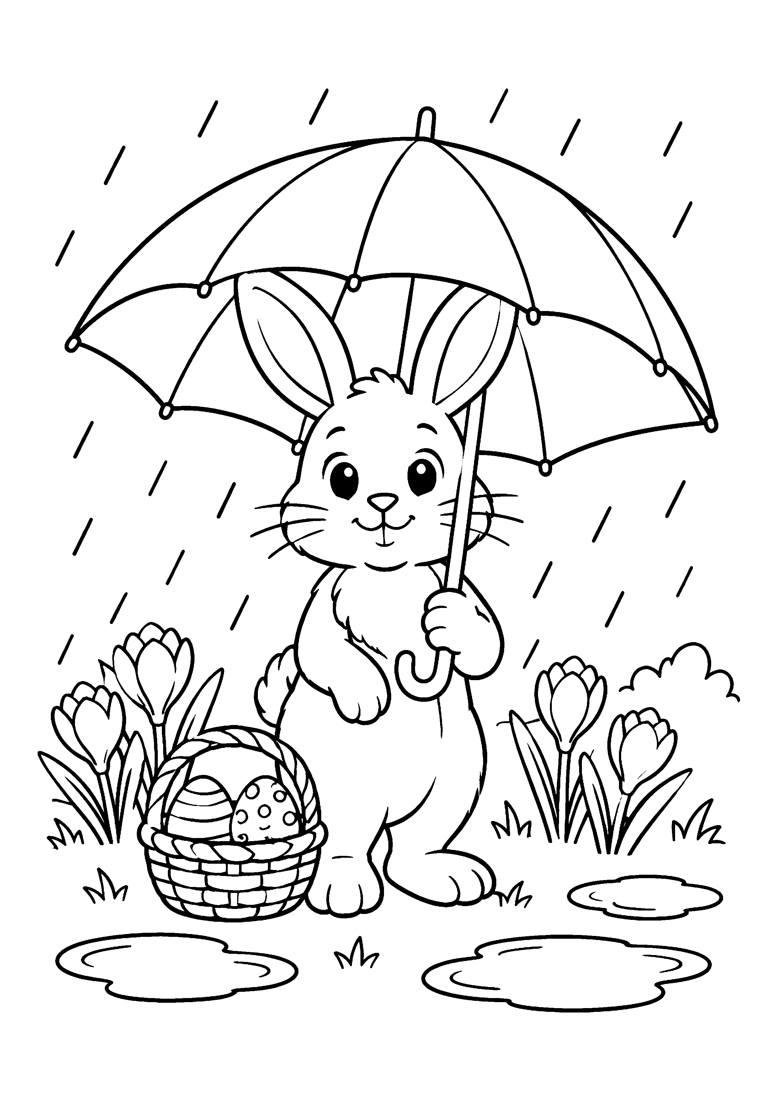 Bunny under umbrella coloring page, printable line art