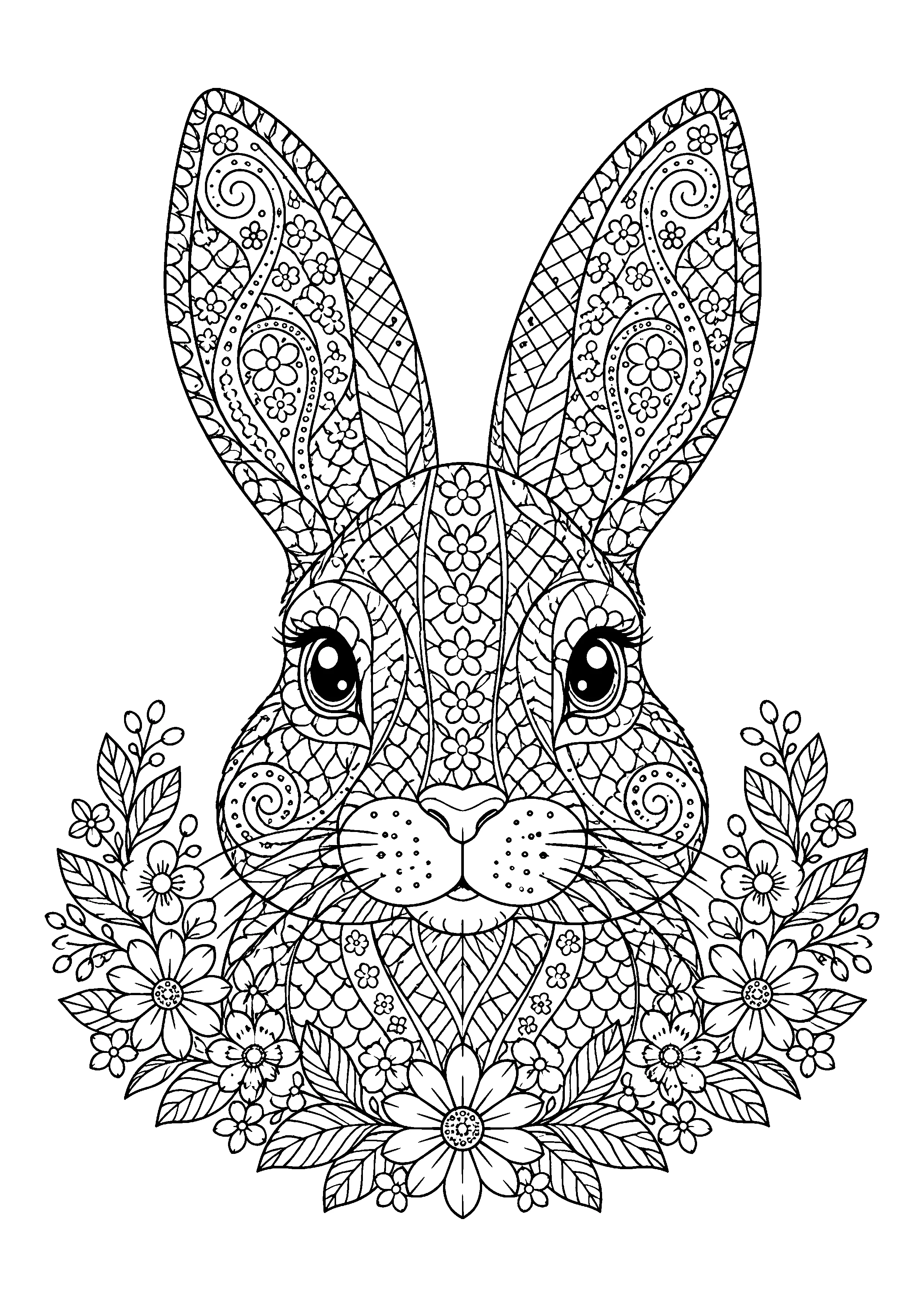 Bunny in zentangle style coloring page, printable line art