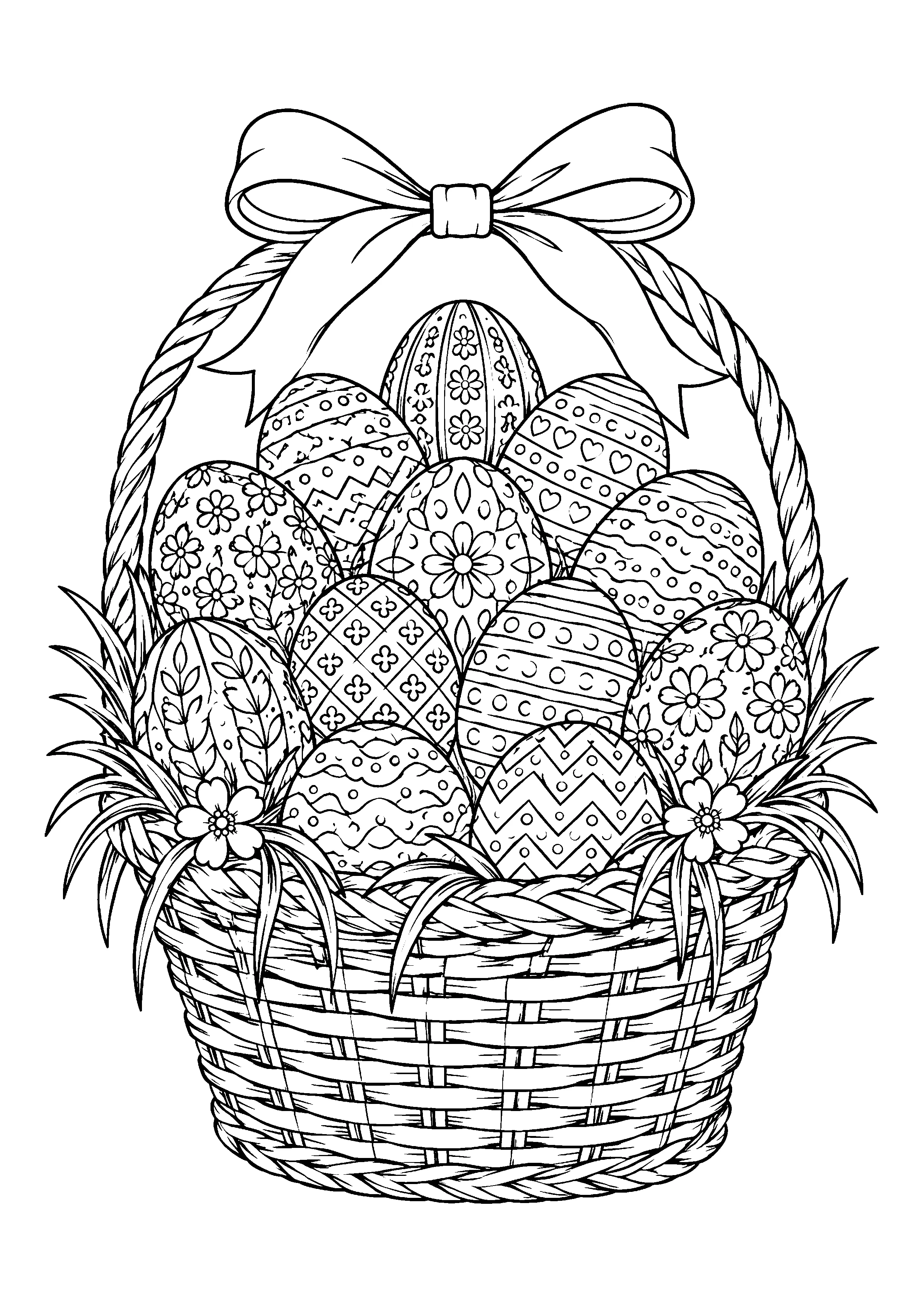 Easter basket with twelve eggs coloring page, printable line art