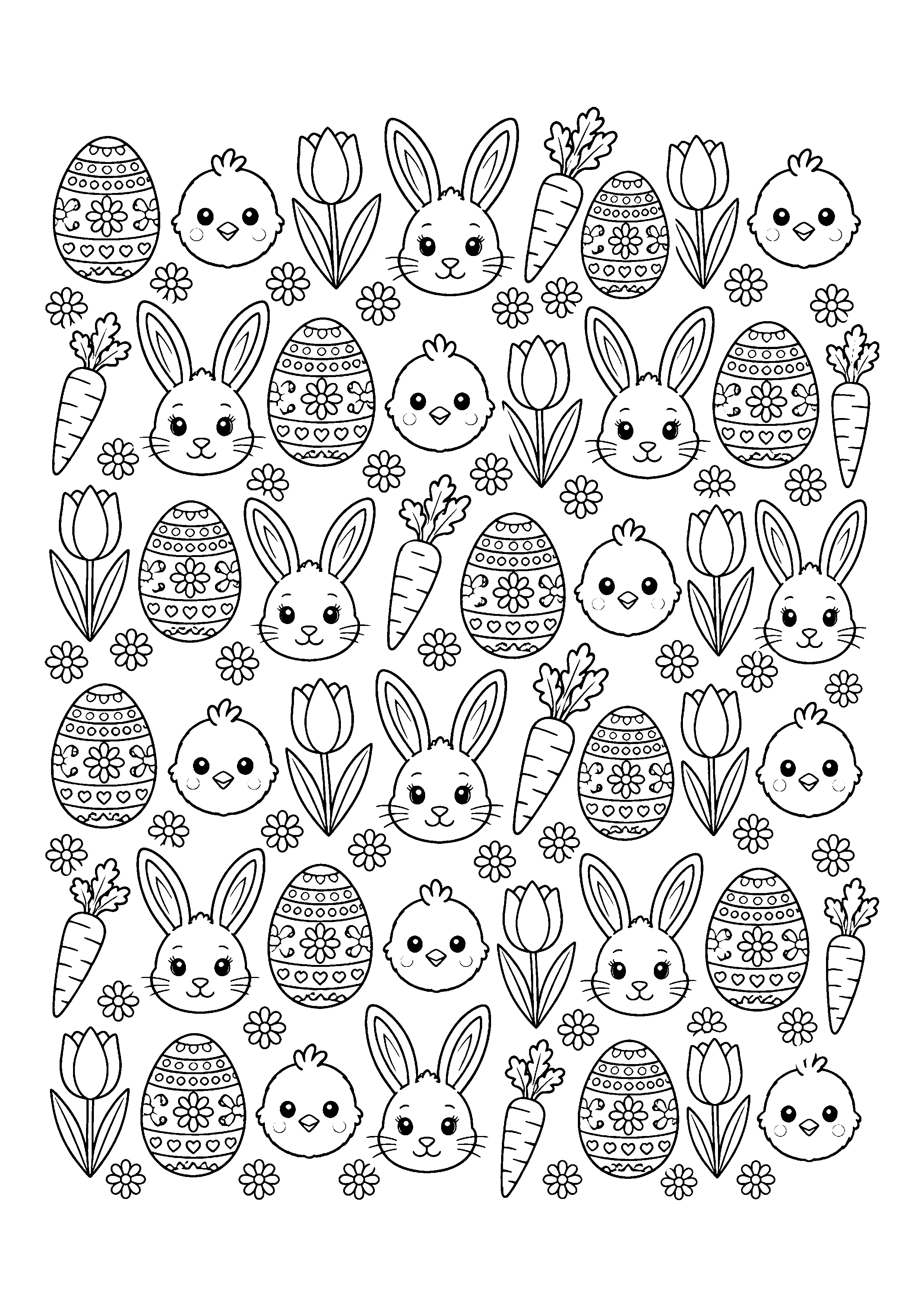 Easter pattern with eggs chicks bunnies coloring page, printable line art
