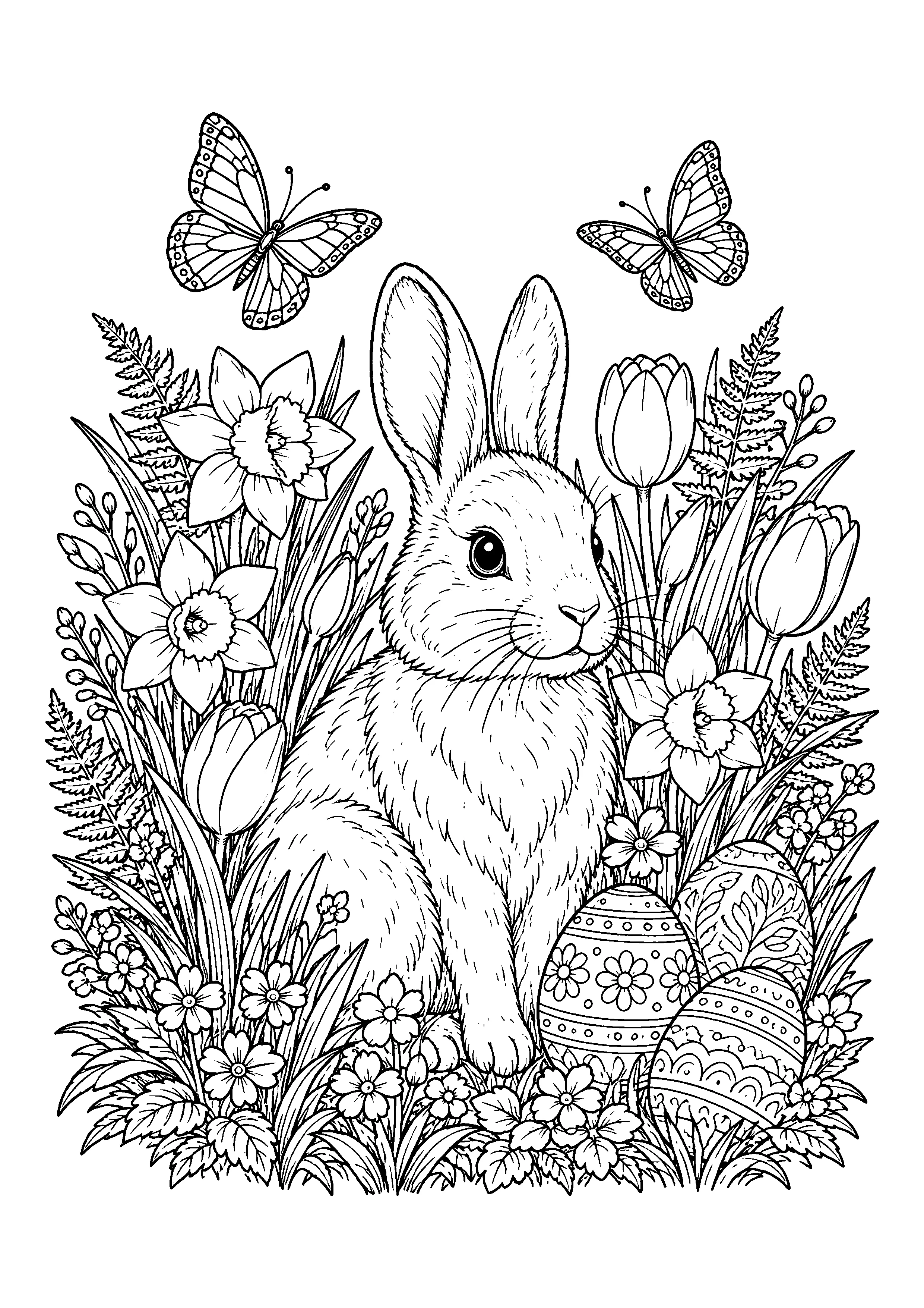Bunny in spring garden coloring page, printable line art