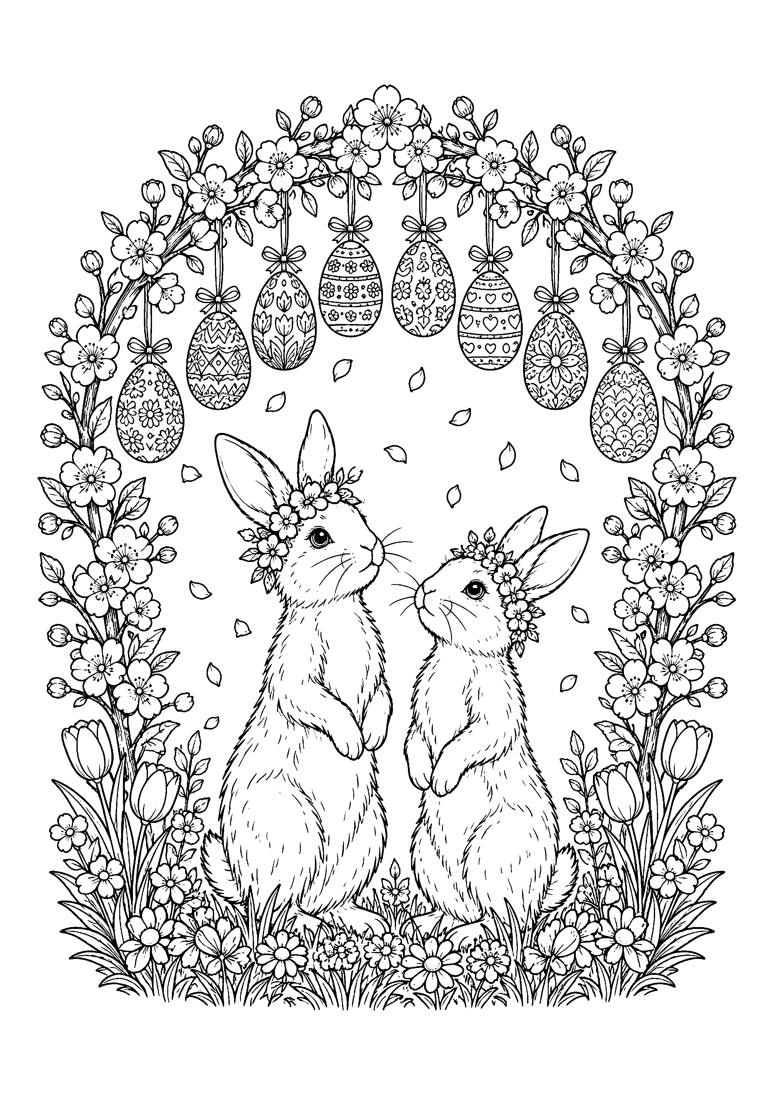 Bunnies under blossom arch coloring page, printable line art