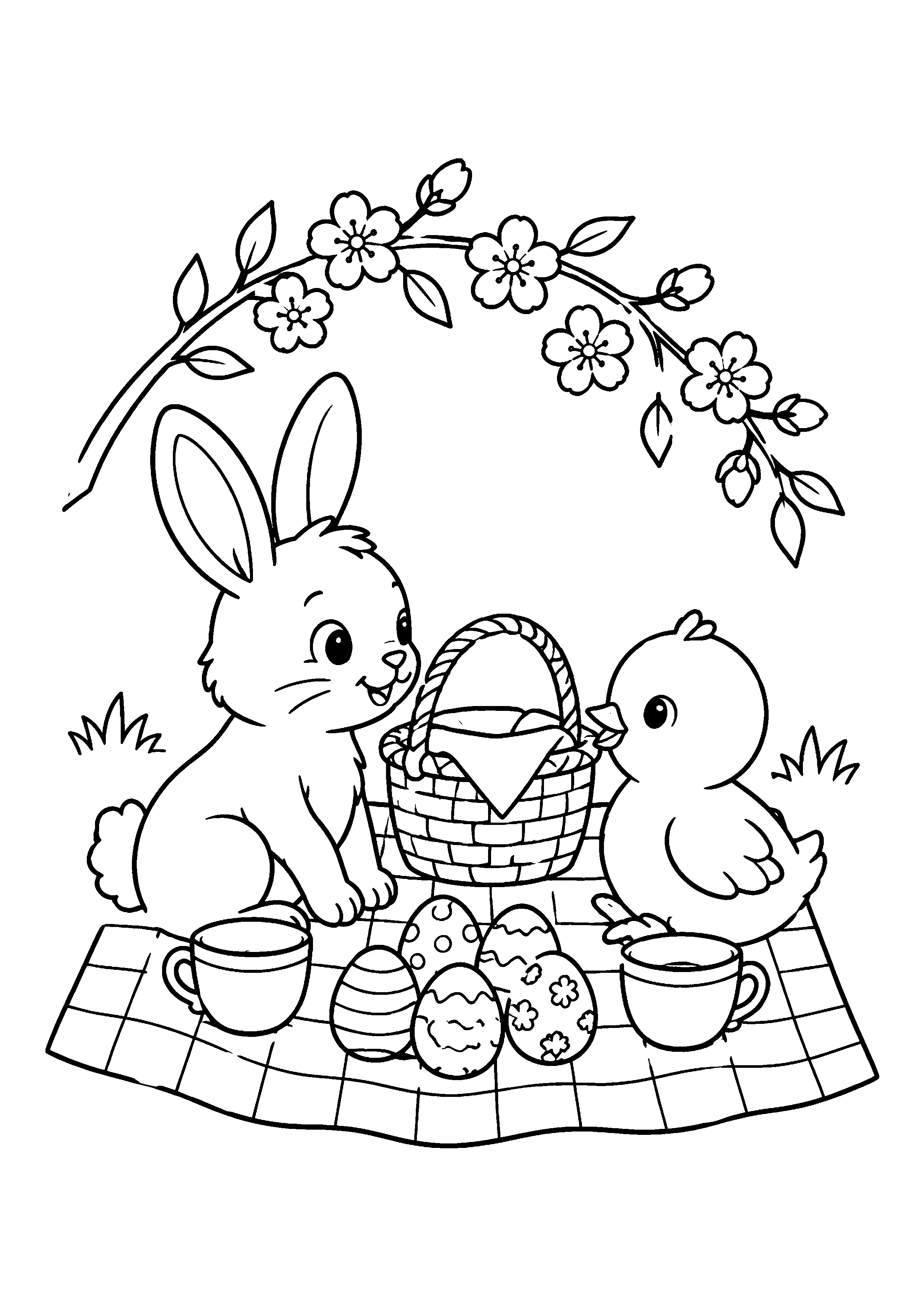 Bunny and chick picnic coloring page, printable line art