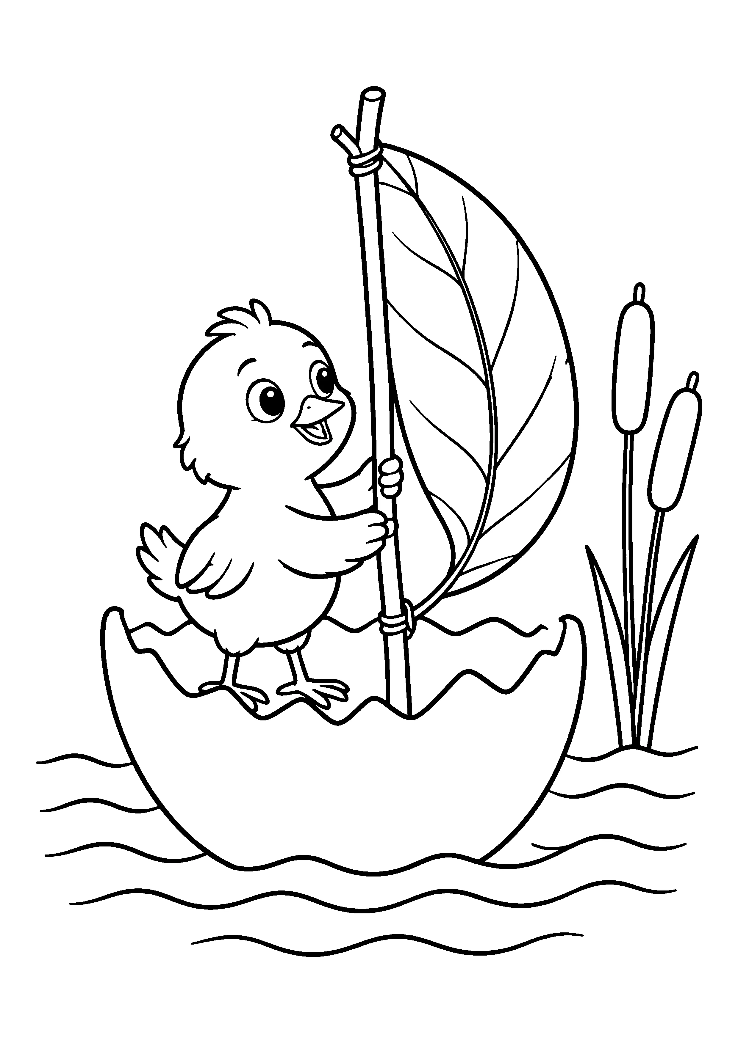 Chick in eggshell boat coloring page, printable line art