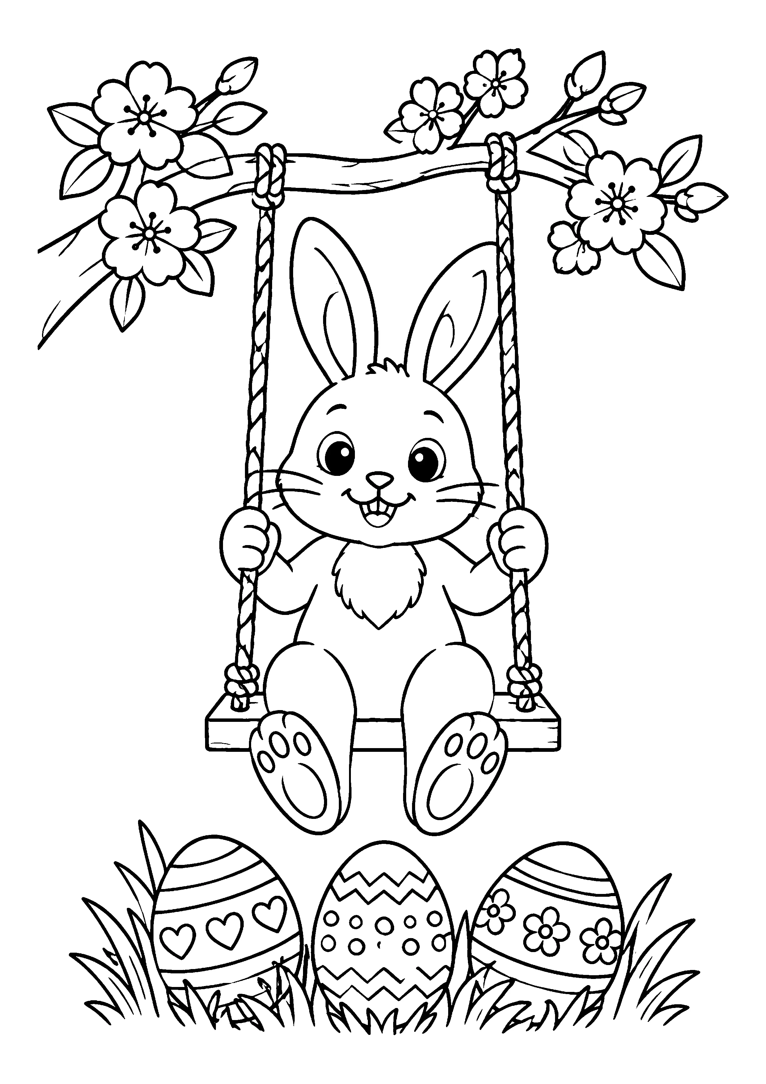 Bunny on blossom swing coloring page, printable line art