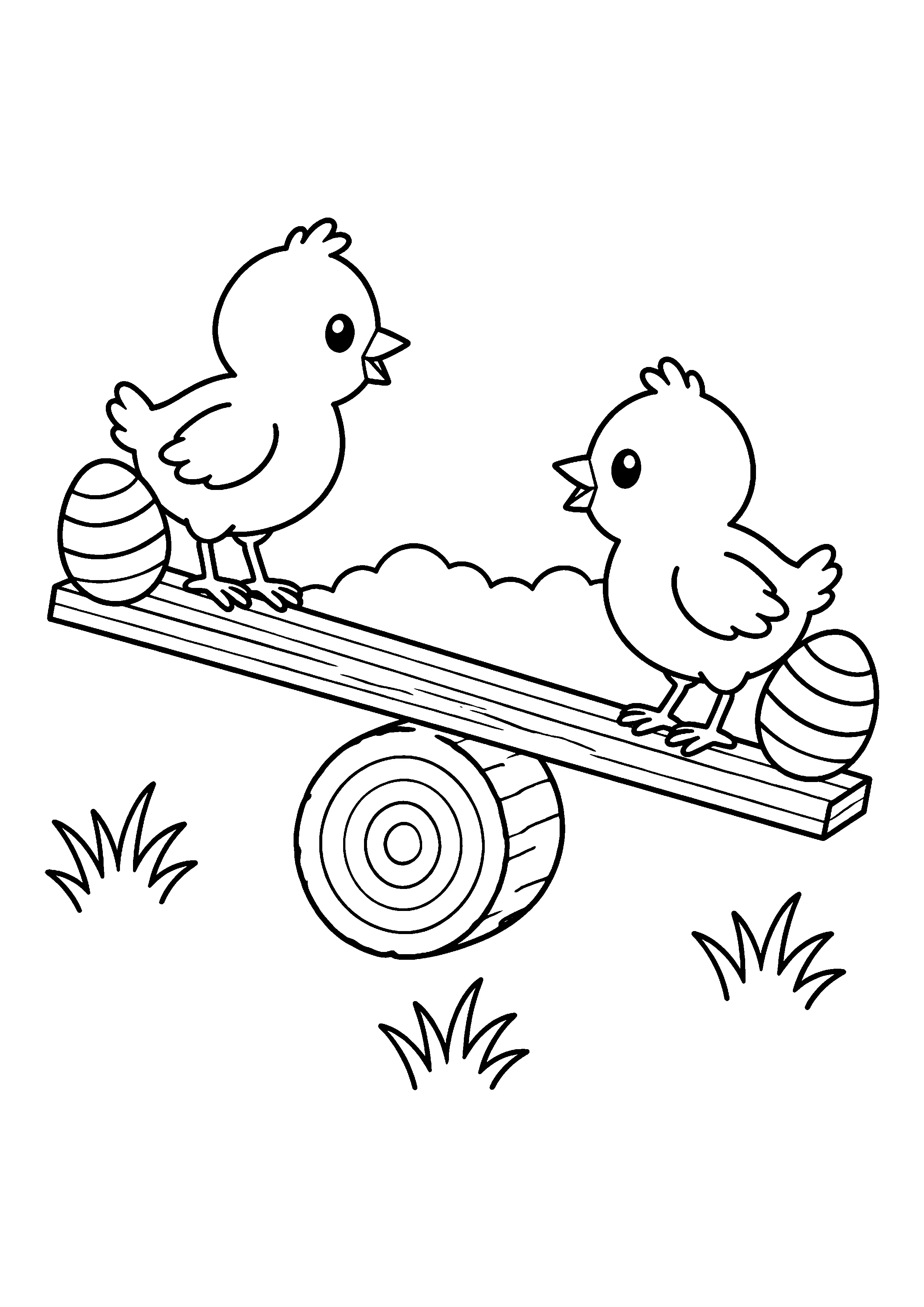 Two chicks on plank seesaw coloring page, printable line art