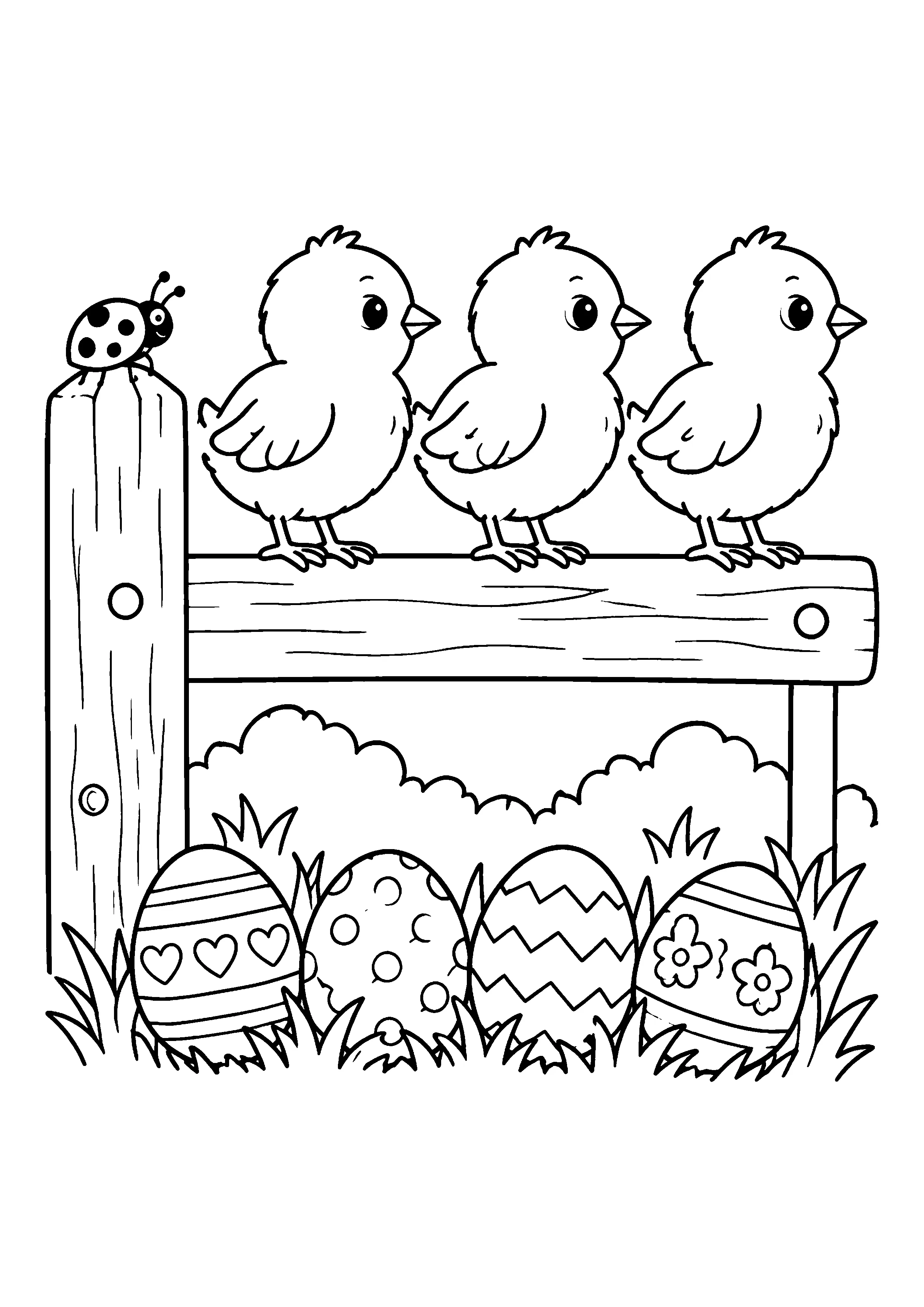 Three chicks on a fence coloring page, printable line art