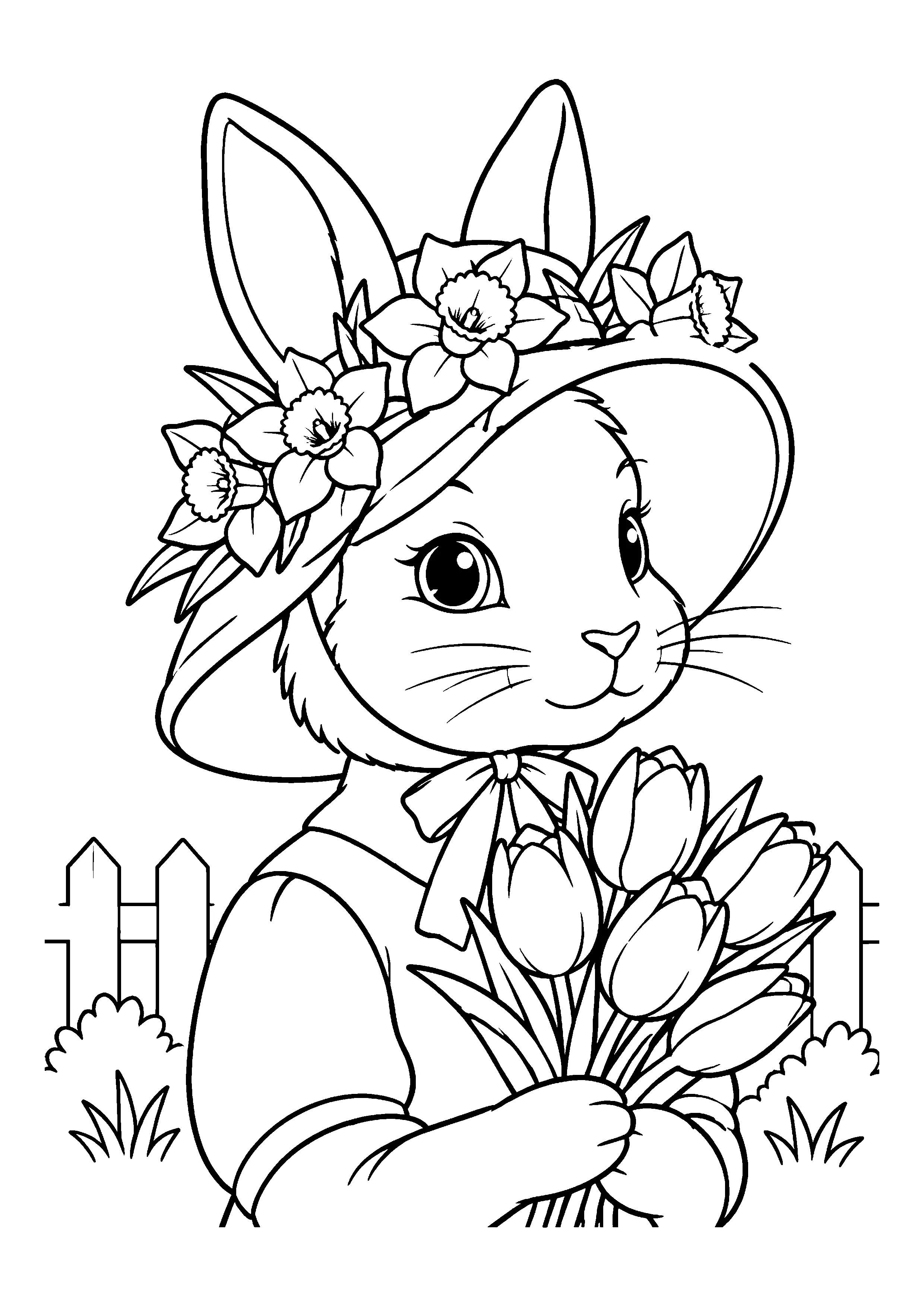 Bunny in bonnet with tulips coloring page, printable line art