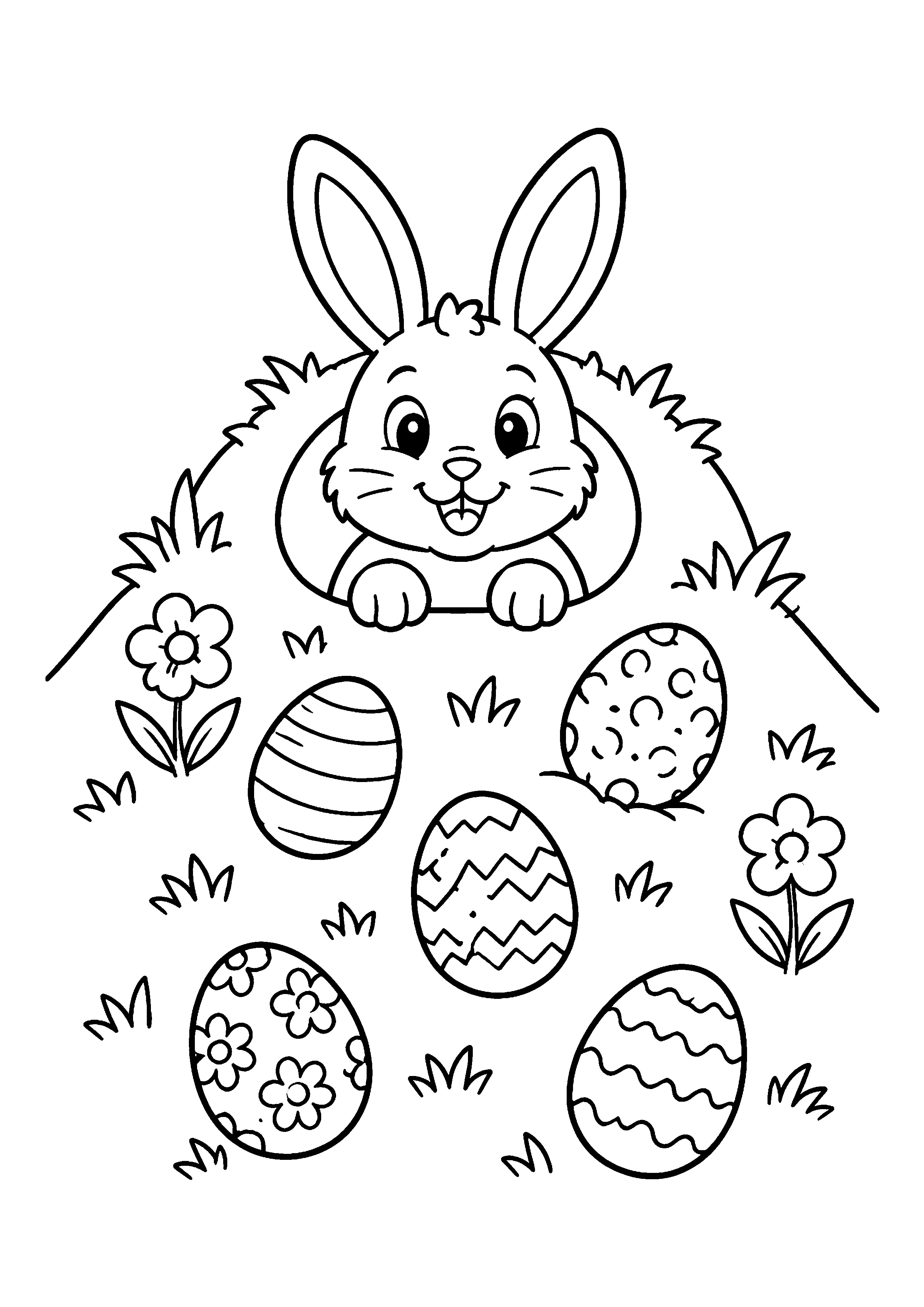 Bunny peeking from burrow coloring page, printable line art