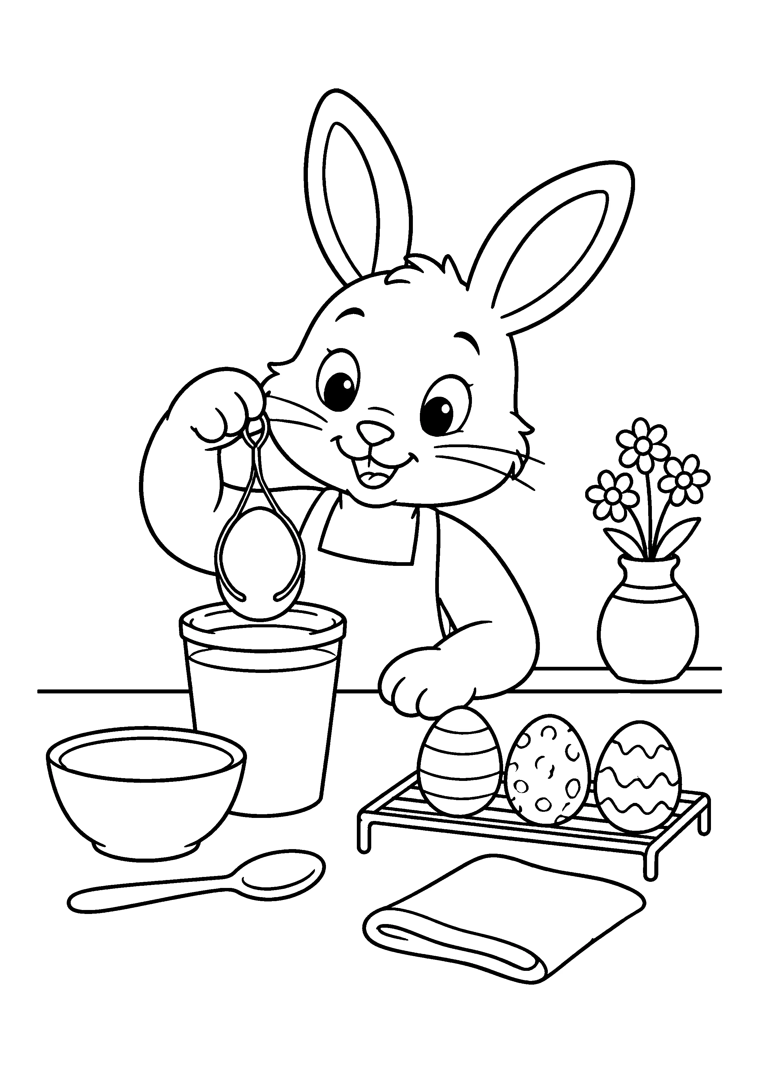 Bunny dyeing Easter eggs coloring page, printable line art