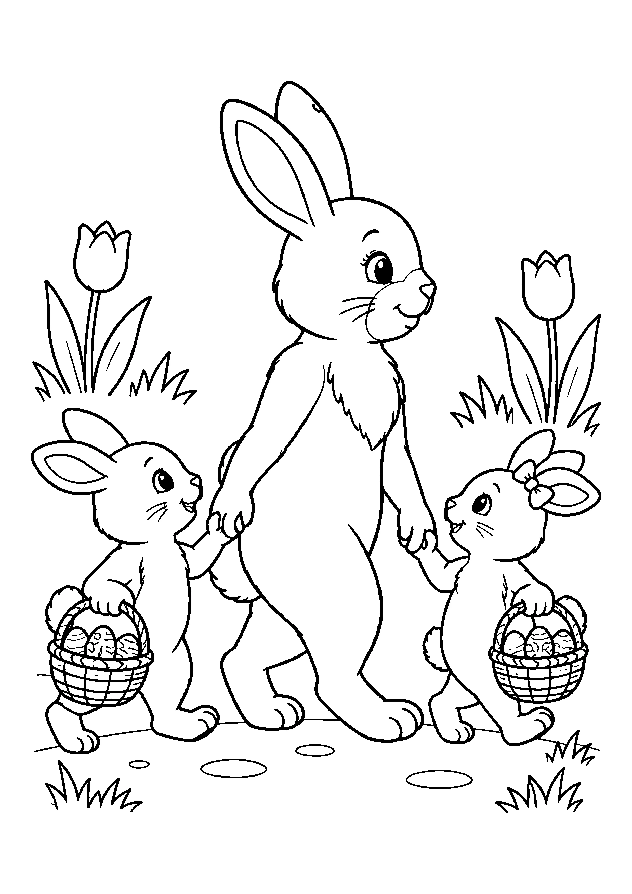 Bunnies with egg baskets coloring page, printable line art