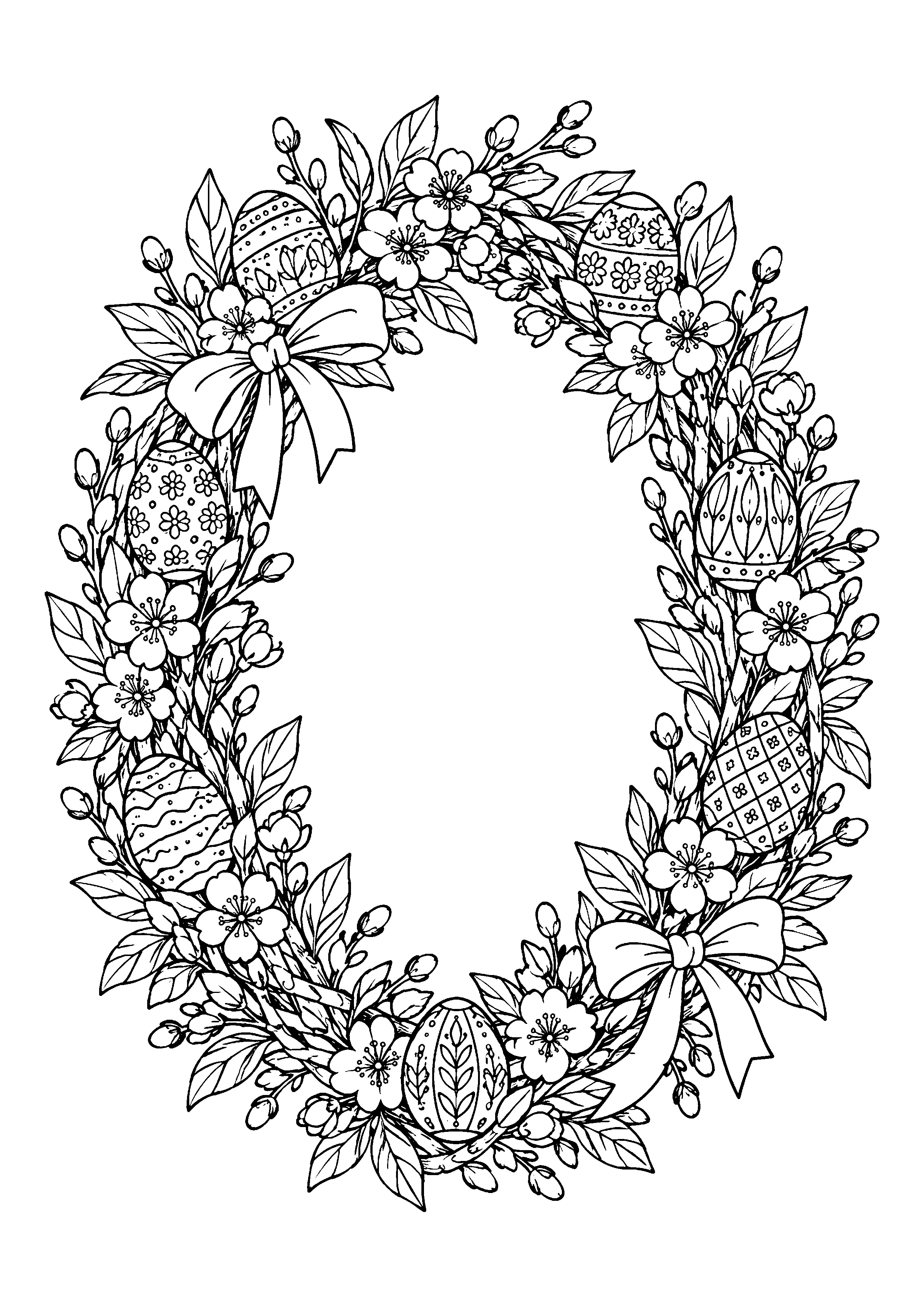 Easter egg wreath with blossoms coloring page, printable line art