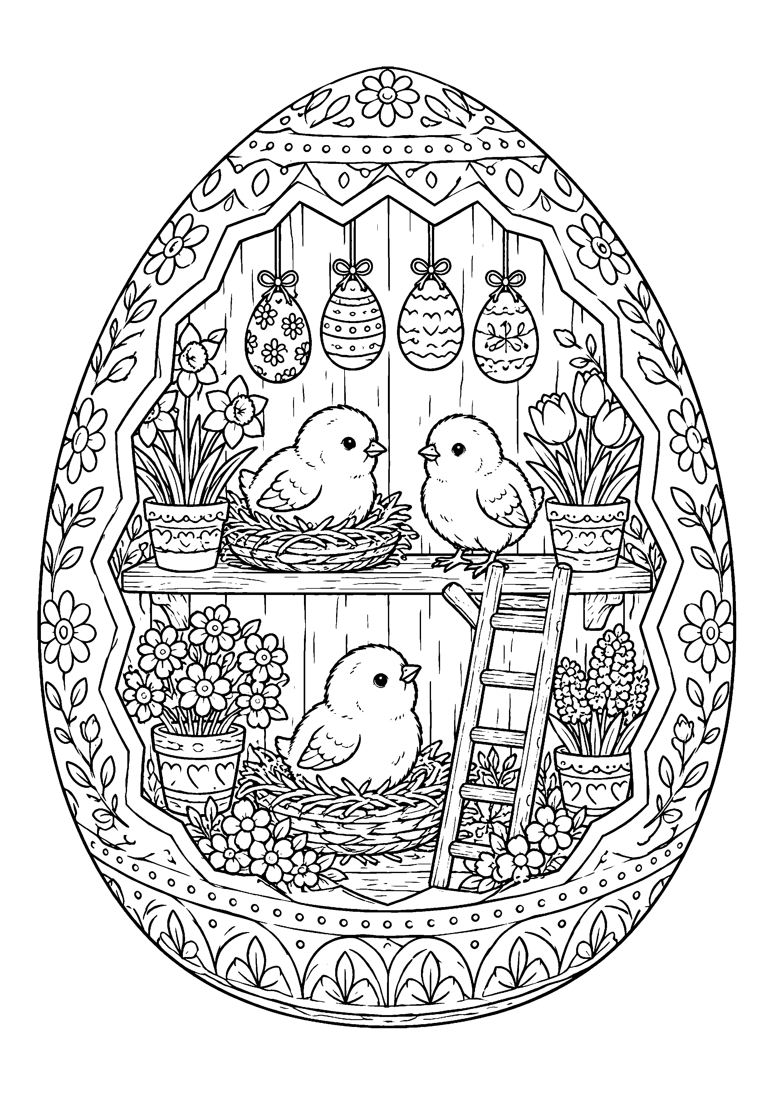 Egg diorama with chicks coloring page, printable line art