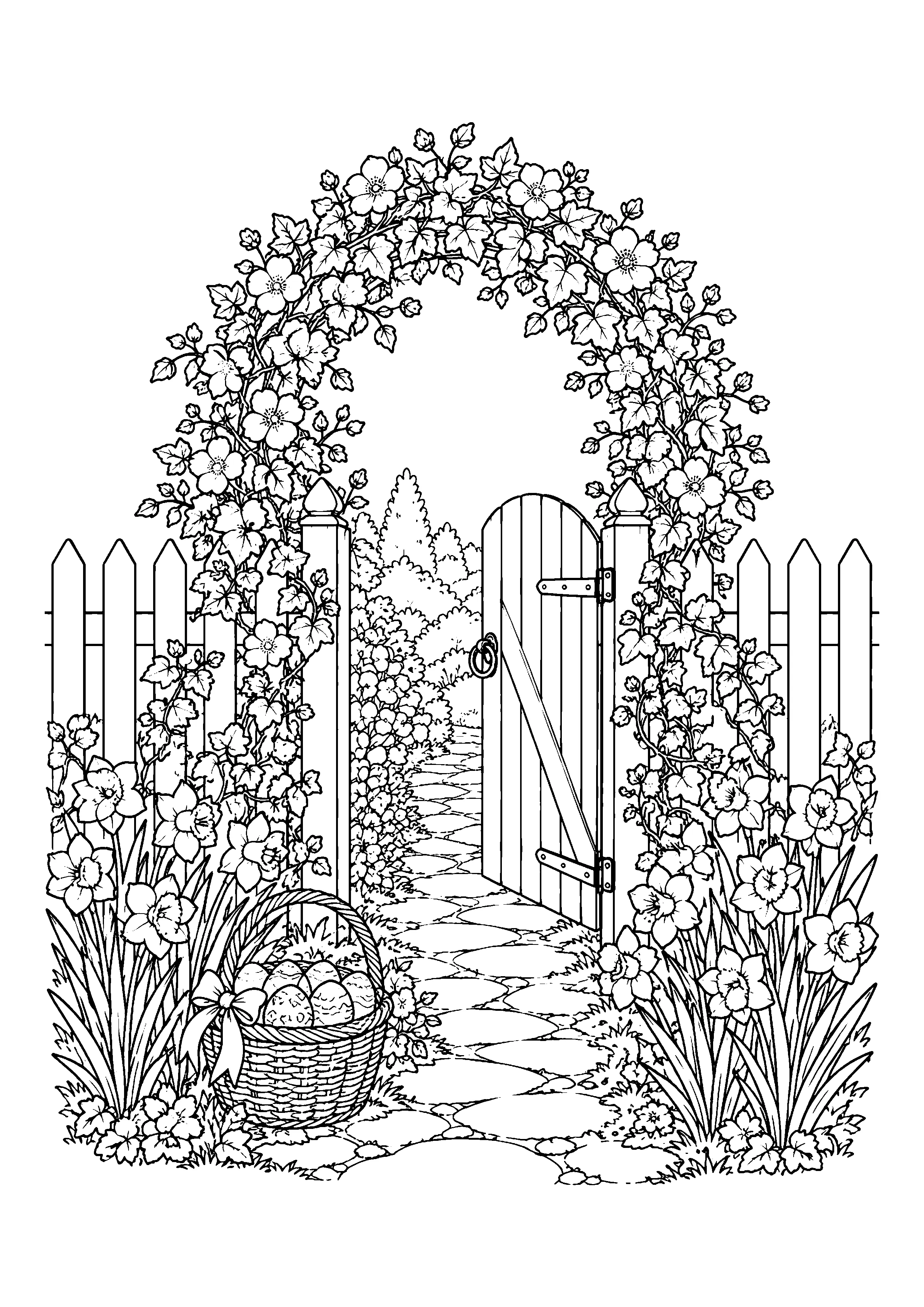 Easter garden gate coloring page, printable line art