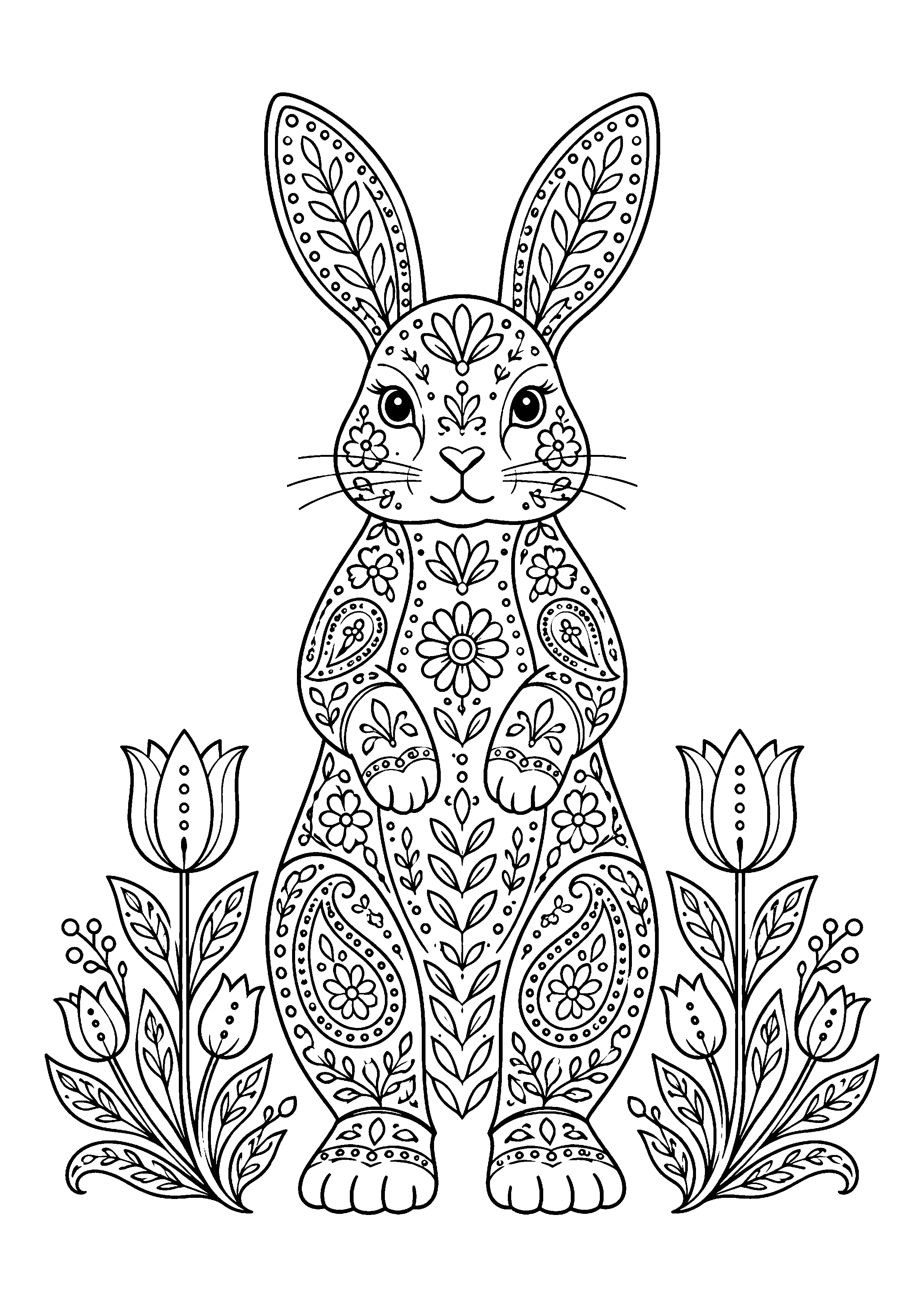 Folk art bunny with tulips coloring page, printable line art