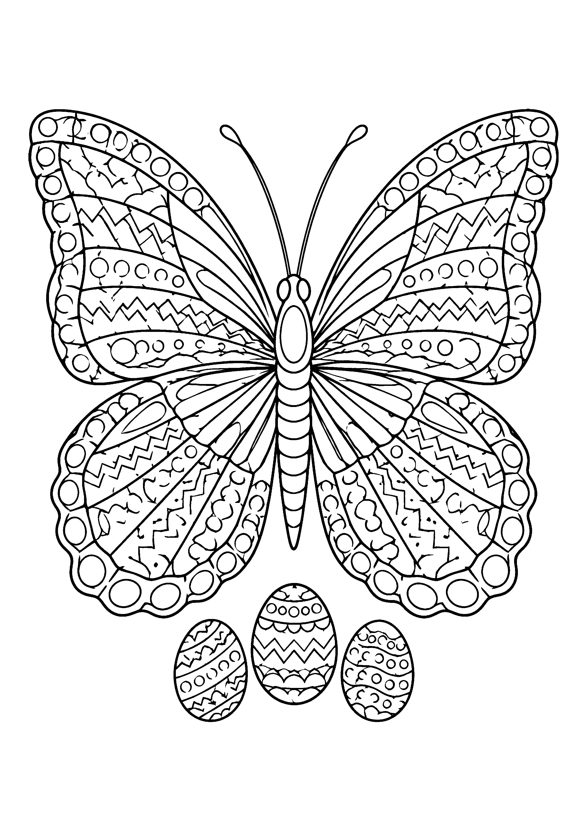Butterfly with egg patterns coloring page, printable line art