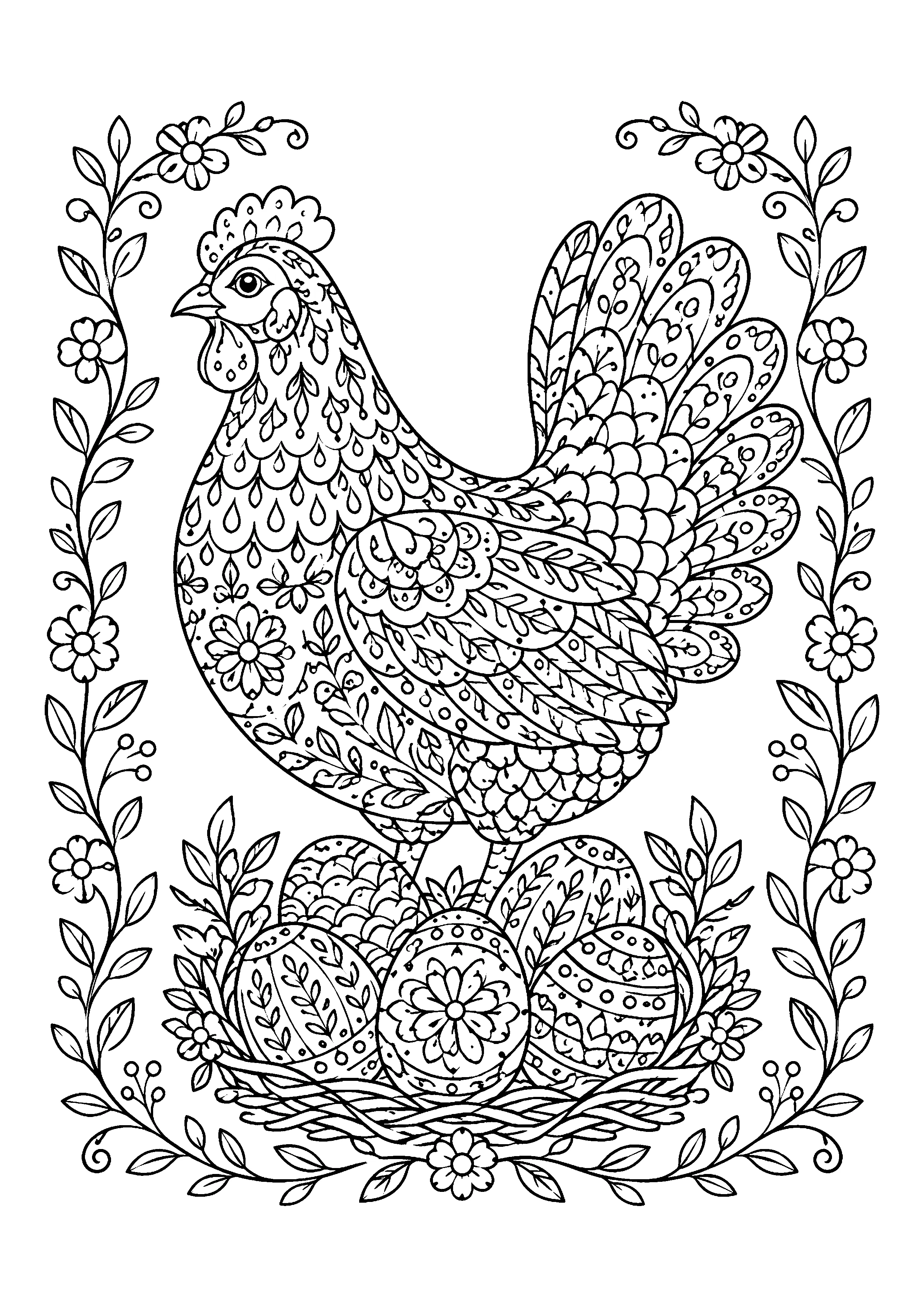 Hen with patterned eggs coloring page, printable line art