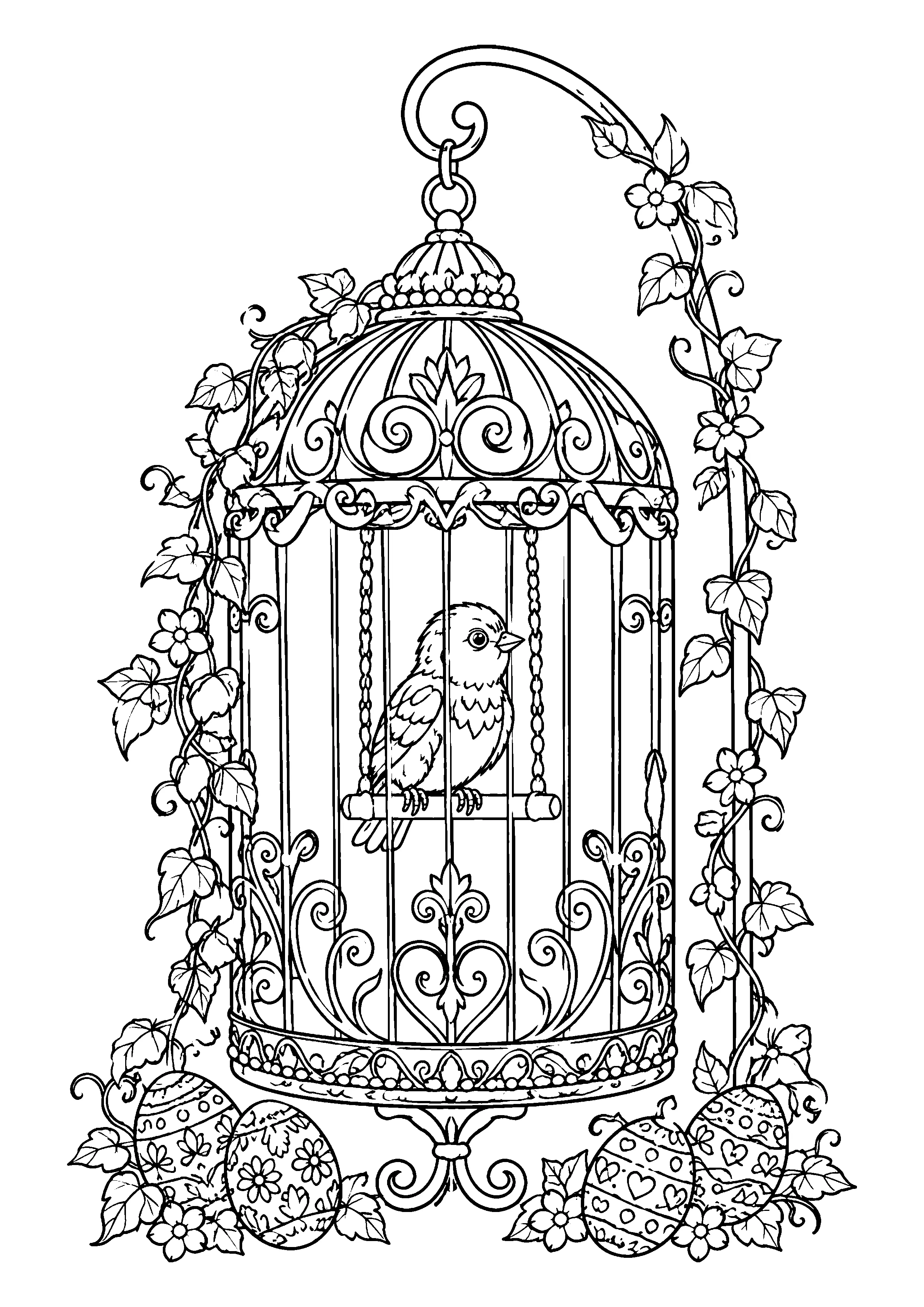 Chick in filigree birdcage coloring page, printable line art