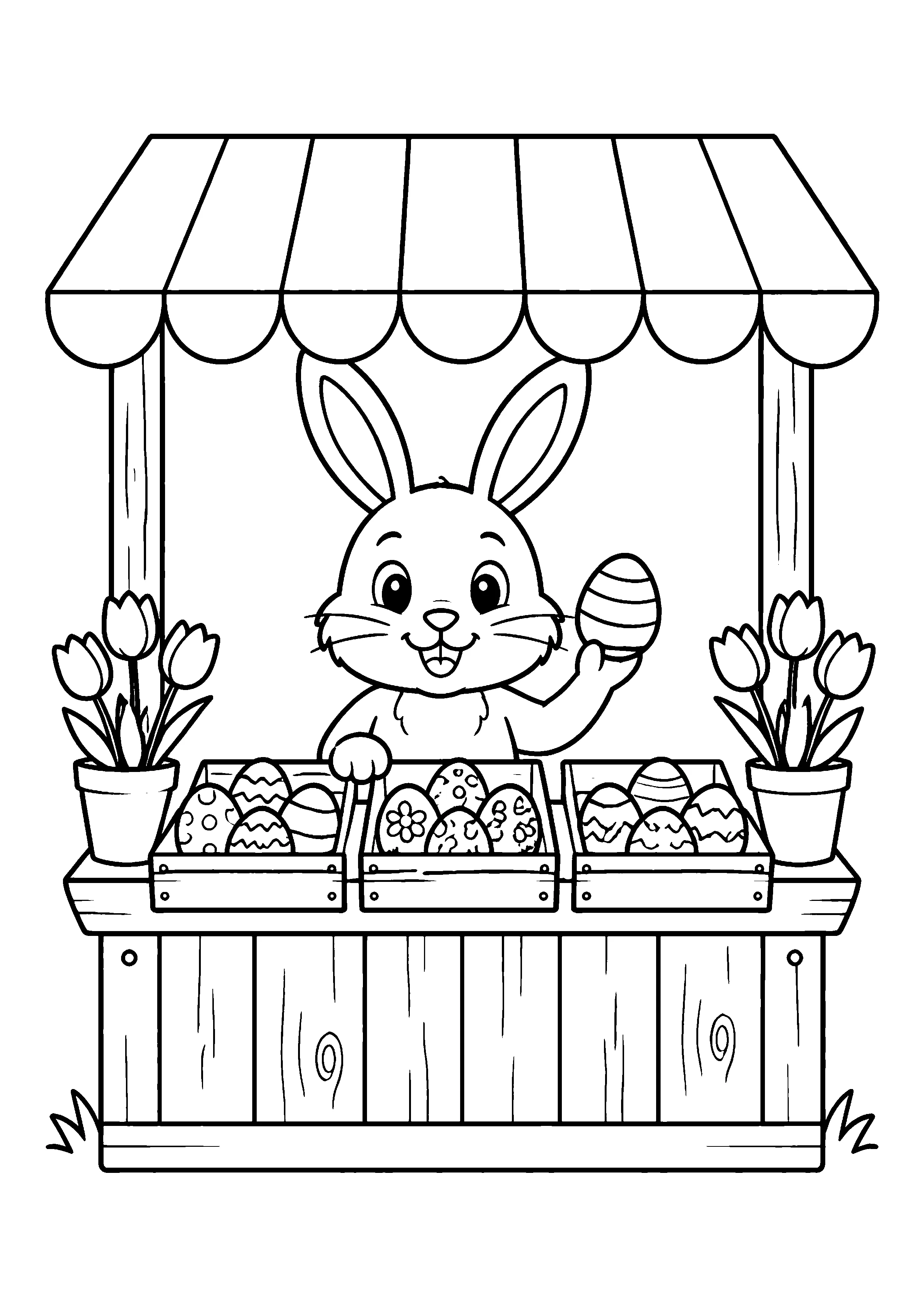 Bunny at market stall coloring page, printable line art