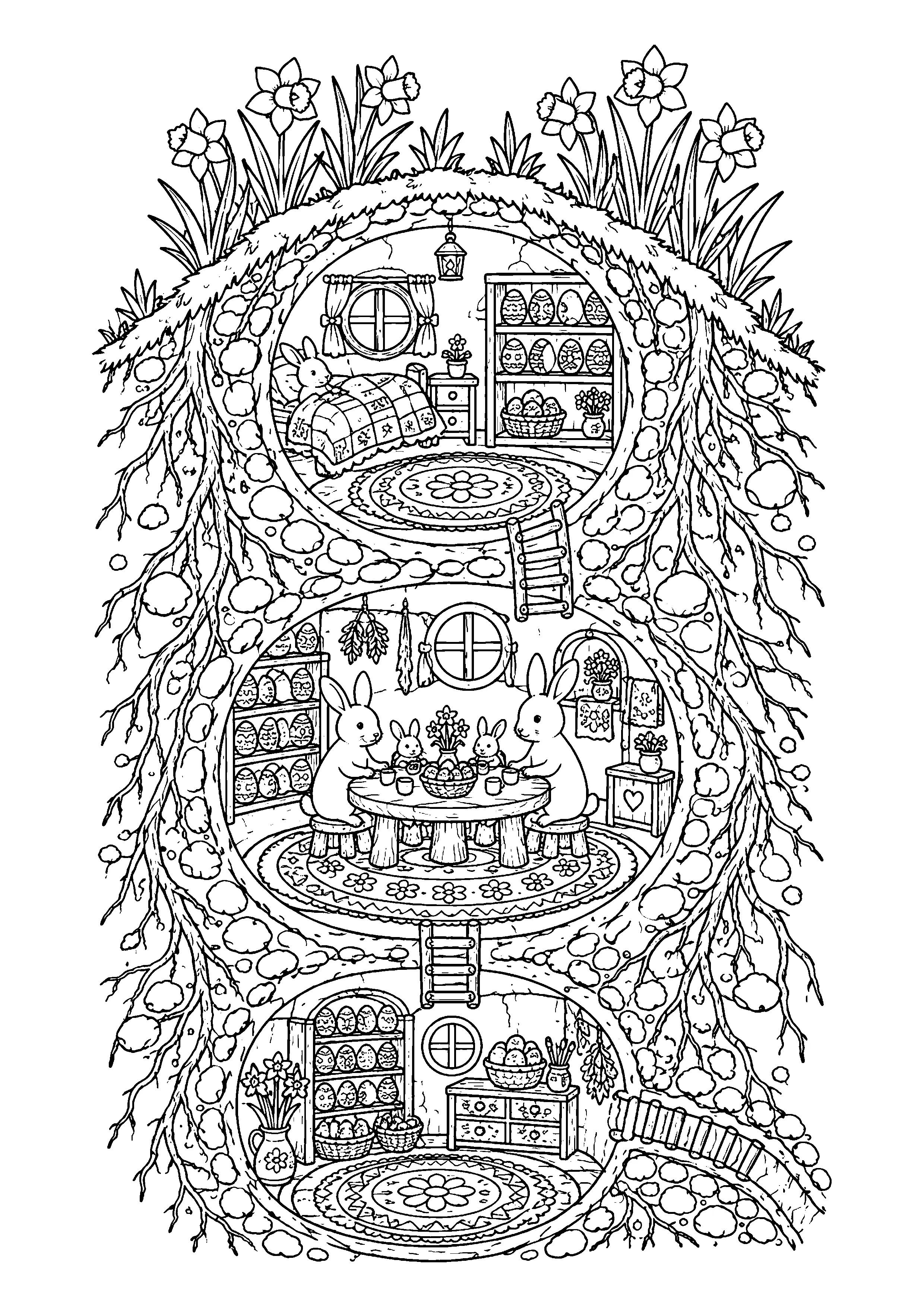 Easter bunny burrow cross section coloring page, printable line art