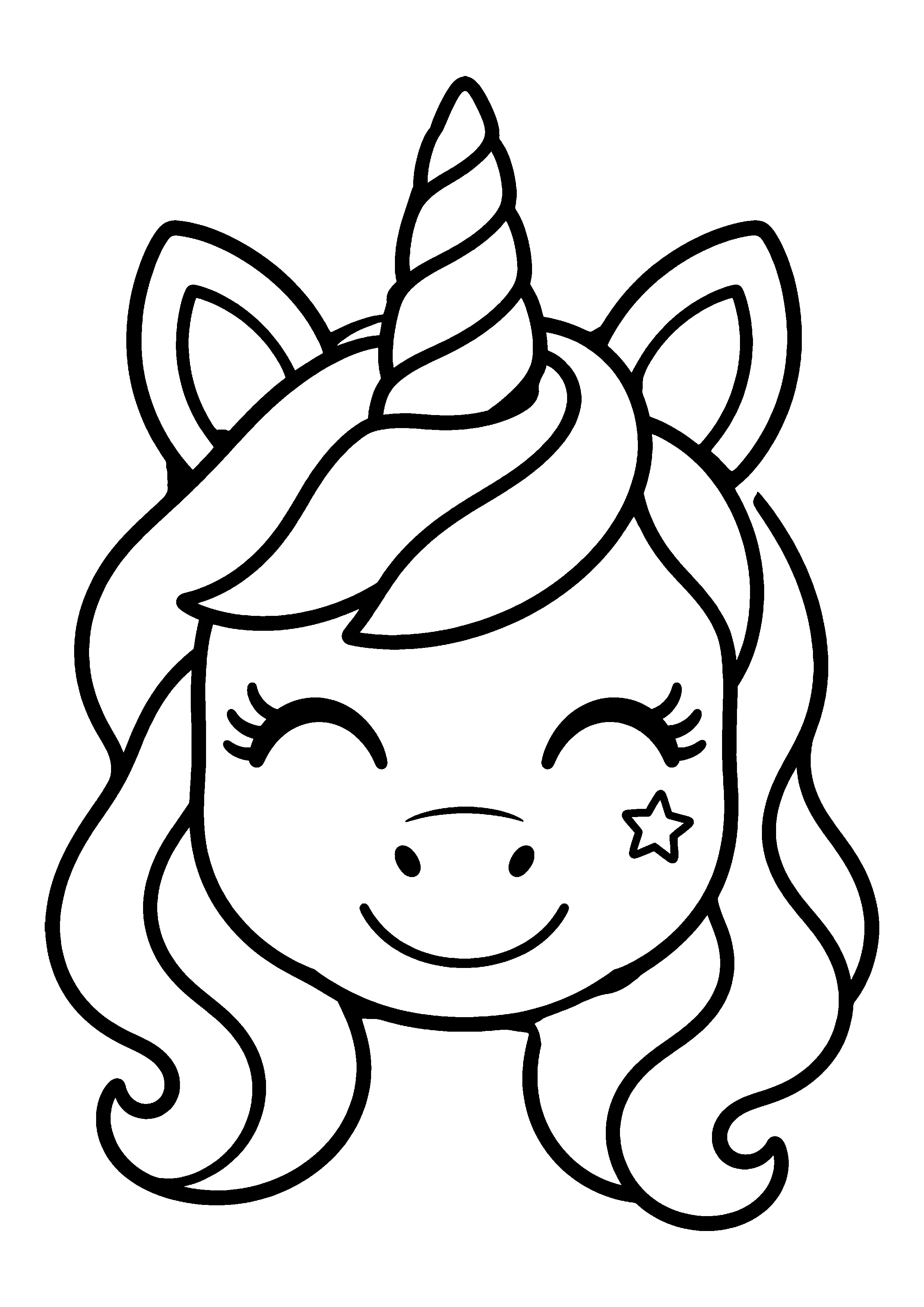 Unicorn face with star coloring page, printable line art
